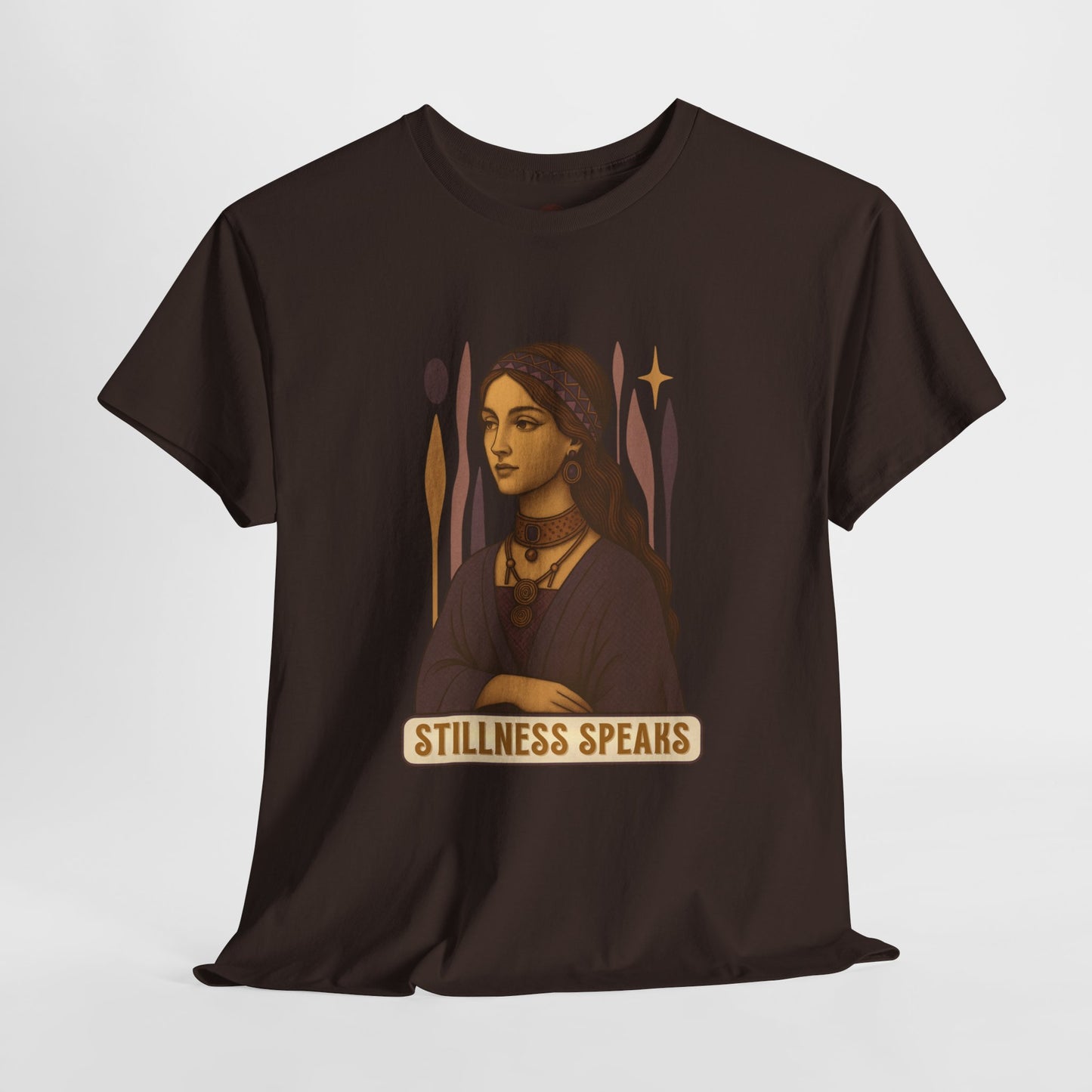 Vintage Mystic Woman Stillness Speaks T-Shirt, Retro Boho Aesthetic Top, Spiritual Graphic Tee, Mindfulness Yoga Gift, Unisex Heavy Cotton