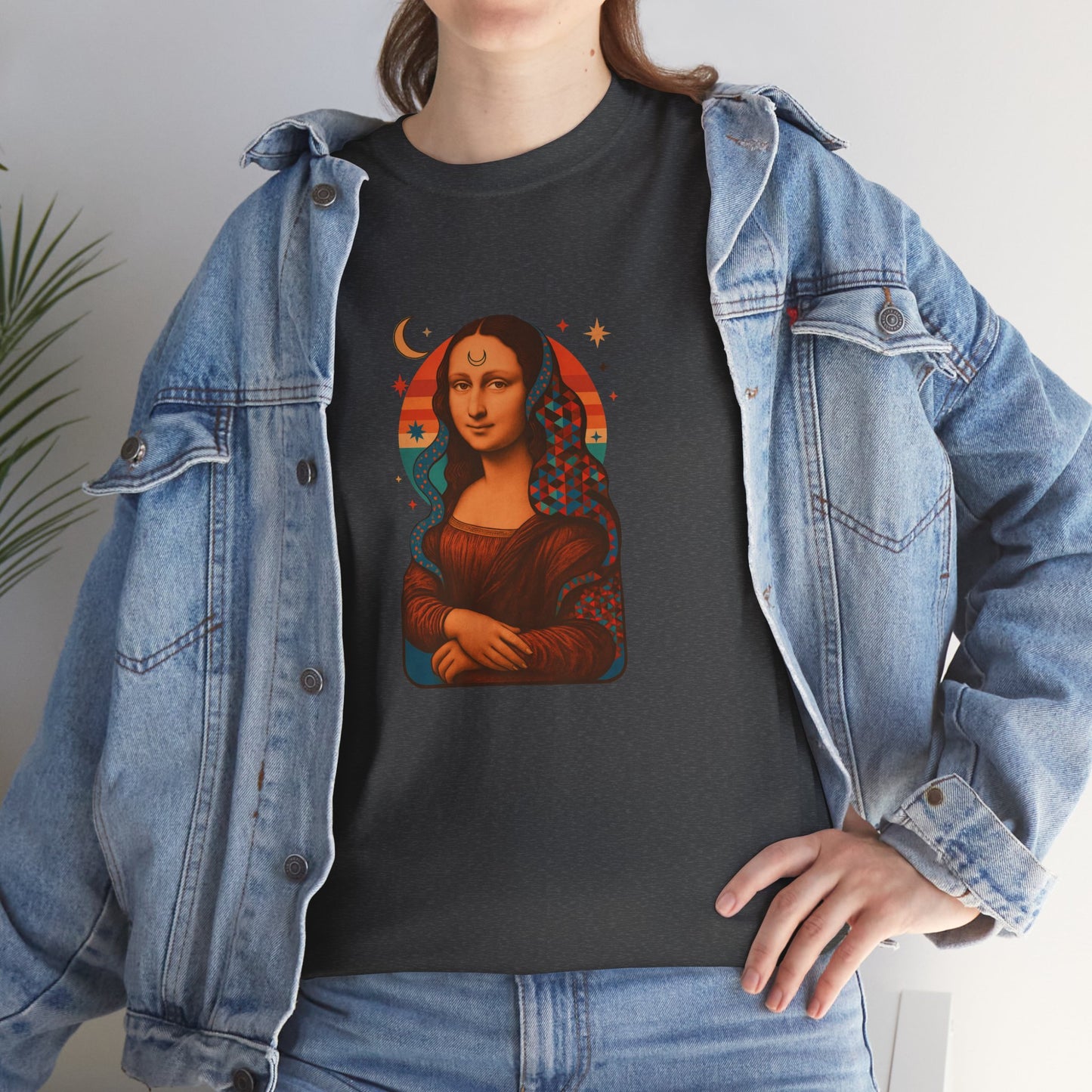 Psychedelic Mona Lisa Gildan 5000 Shirt - Trippy Retro Art Graphic Tee, Colorful Geometric Celestial Design, Vintage Aesthetic T-Shirt