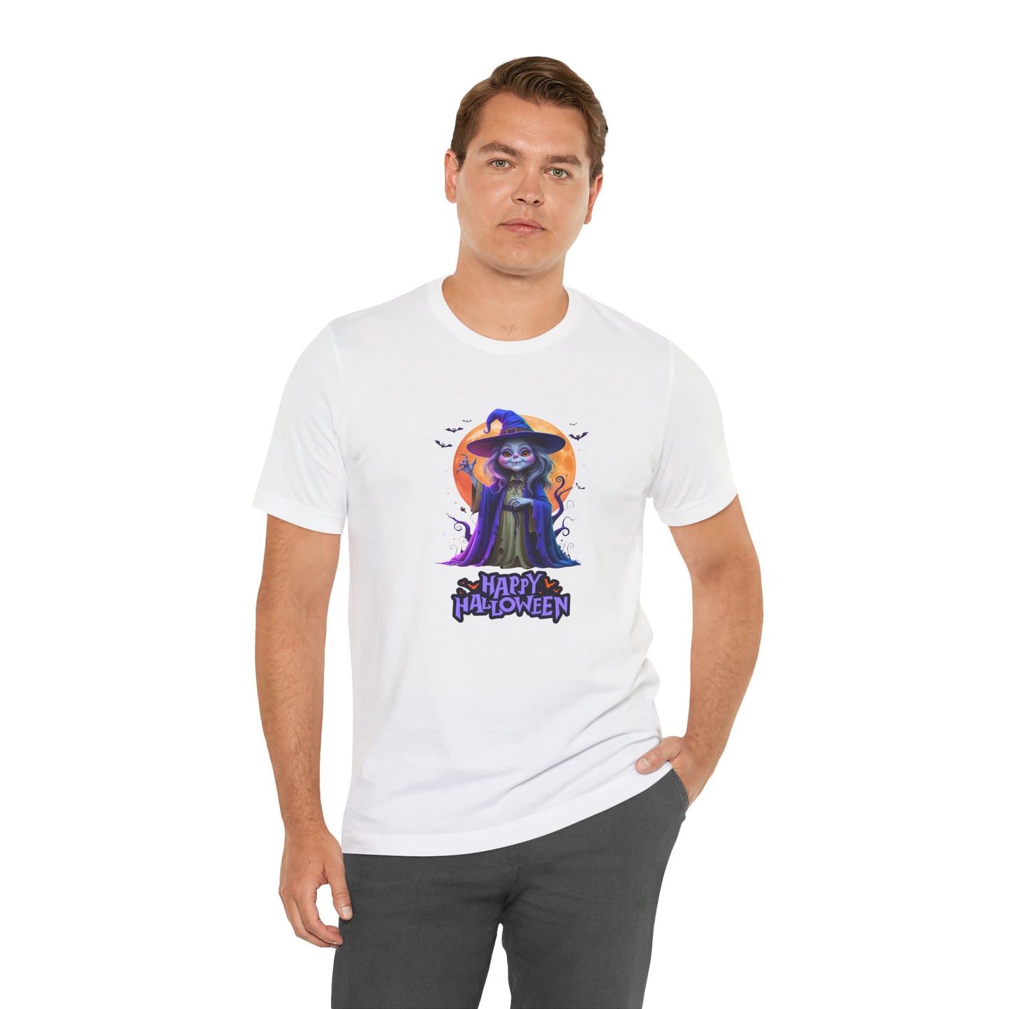 Happy Halloween Witch Shirt – Spooky Full Moon Graphic Tee – Bella Canvas 3001 – Unisex Halloween T-Shirt for Women Men
