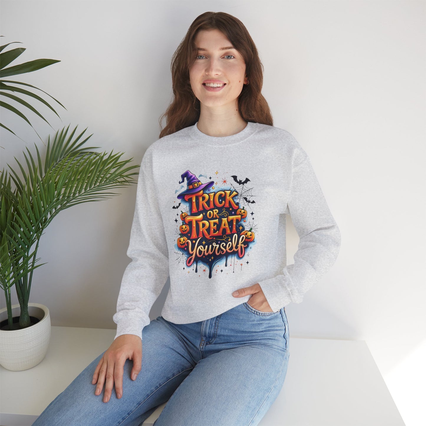 ''Trick or Treat Yourself'' Halloween Sweatshirt – Unisex Cozy Crewneck, Spooky Pumpkin & Witch Hat Graphic, Fall Aesthetic Pullover