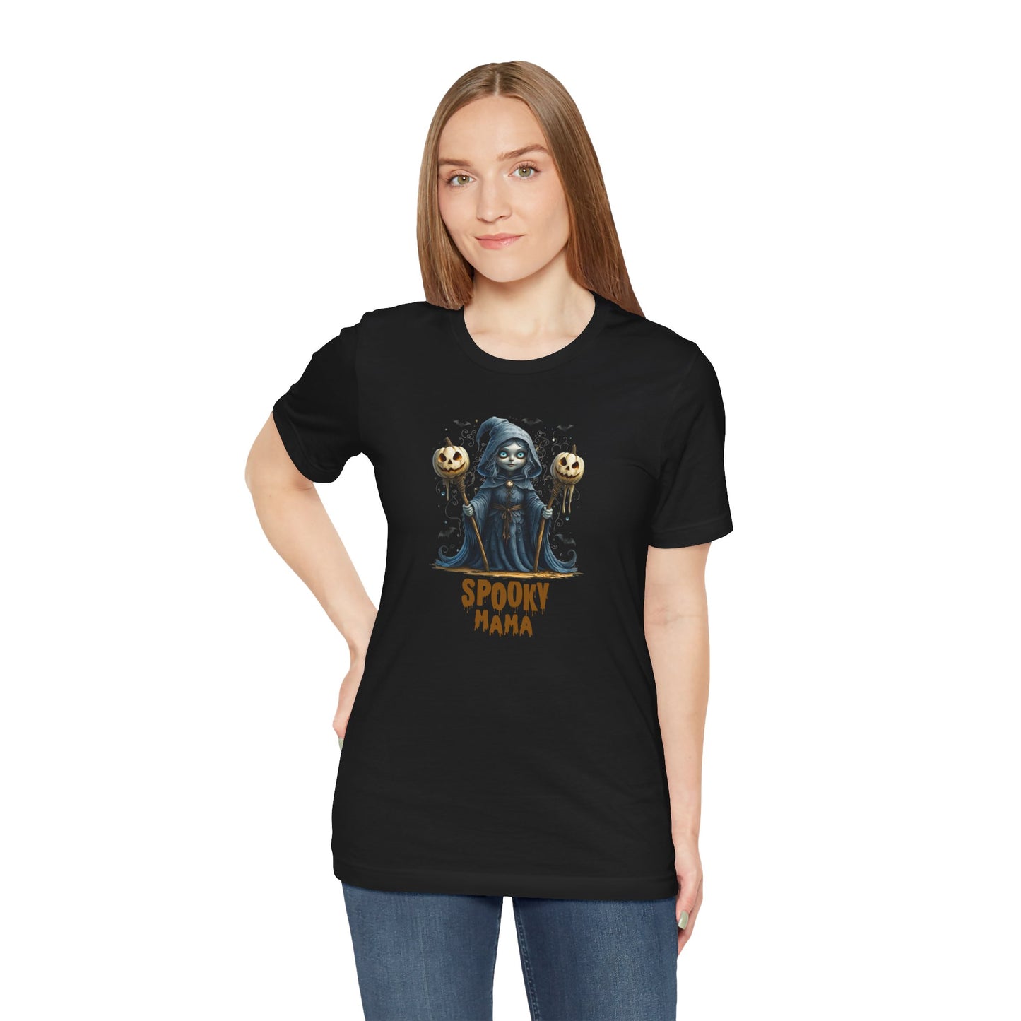 Spooky Mama Halloween Shirt – Gothic Witch Pumpkin Graphic Tee – Bella Canvas 3001 – Cute Halloween T-Shirt for Women