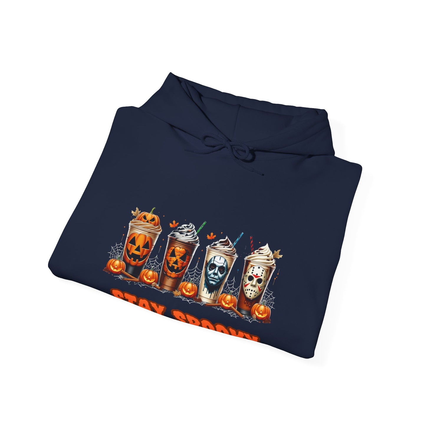 Stay Spooky Halloween Horror Hoodie – Pumpkin Skull Coffee Cup Graphic – Michael Myers Jason Inspired – Gildan 18500 Unisex Pullover