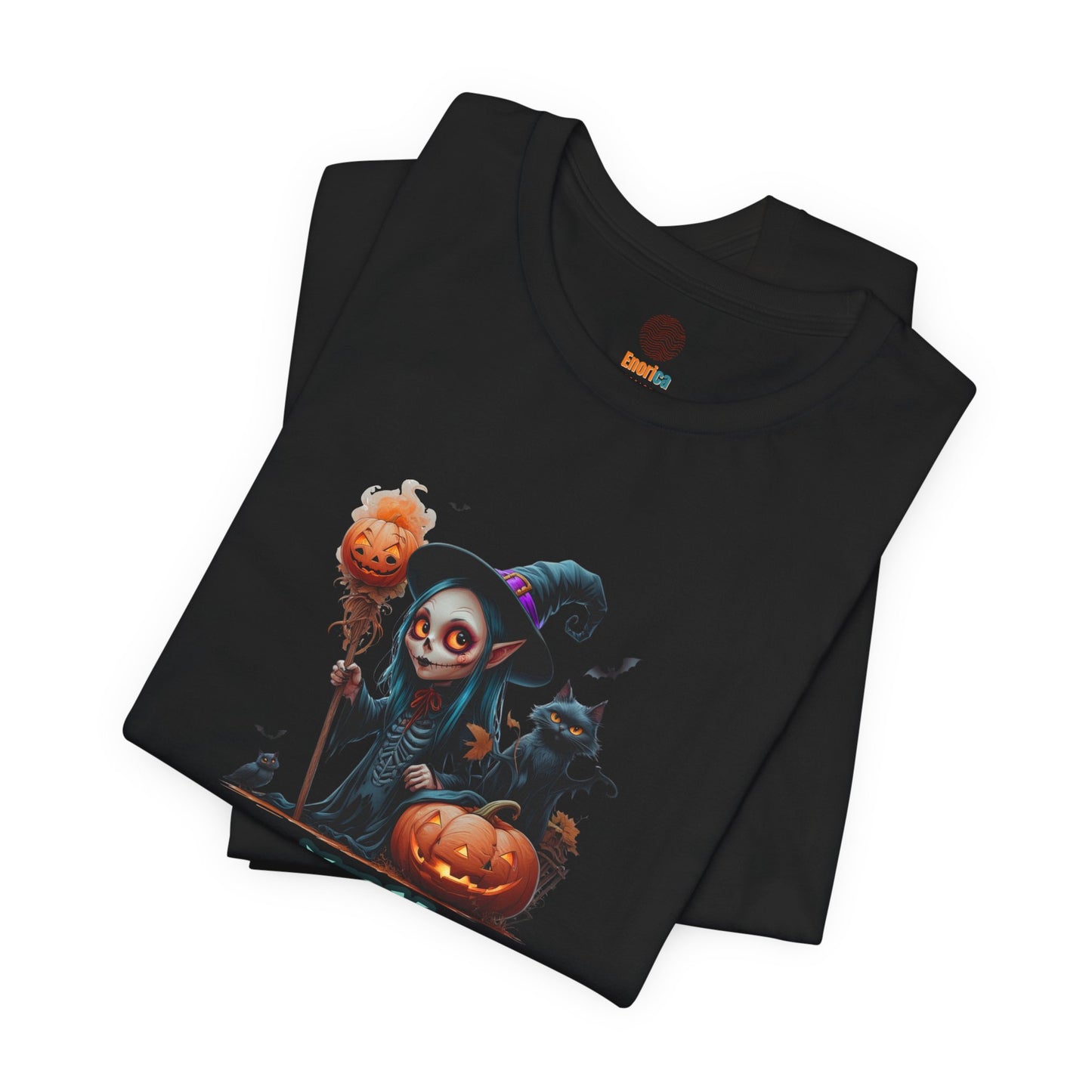 Happy Halloween Witch Shirt – Spooky Pumpkin Cat Graphic Tee – Bella Canvas 3001 – Unisex Halloween T-Shirt for Women Men