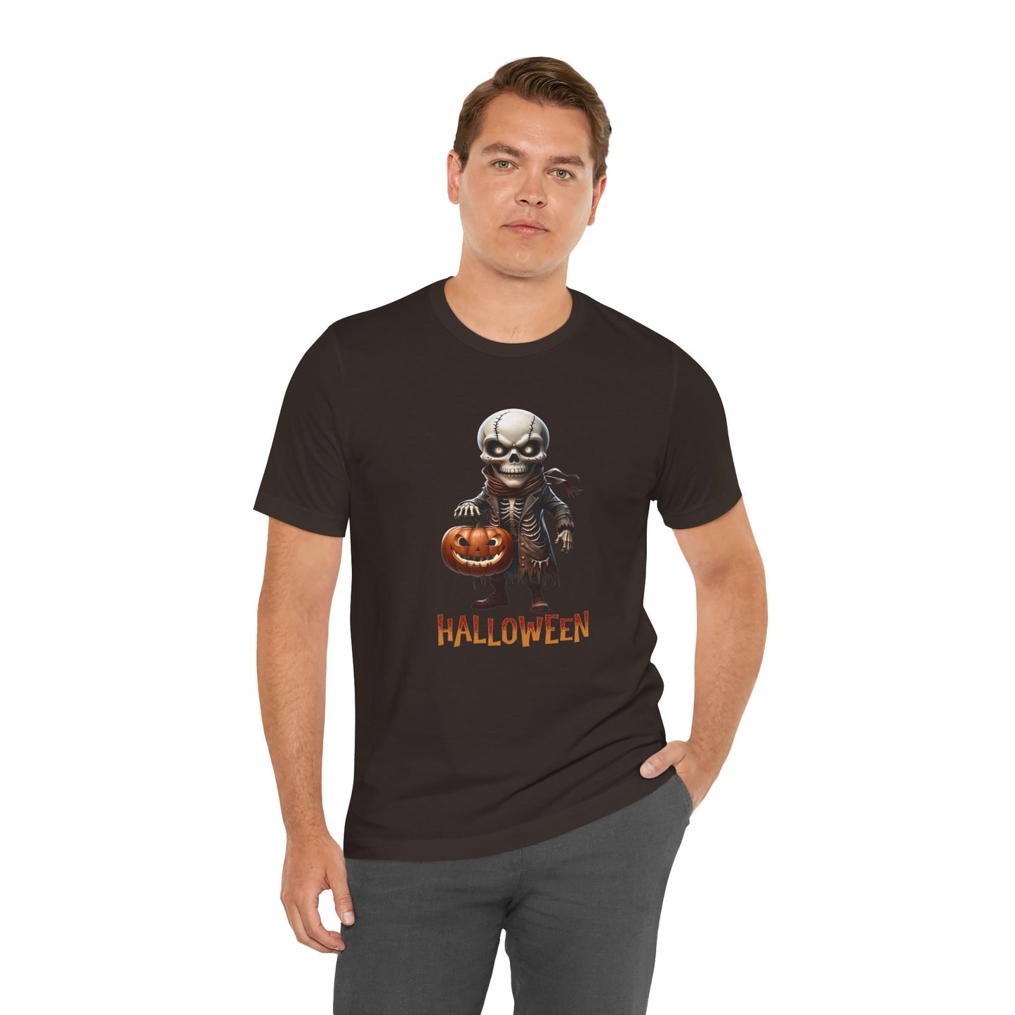 Halloween Skeleton Shirt – Spooky Pumpkin Graphic Tee – Bella Canvas 3001 – Unisex Gothic Horror Costume T-Shirt