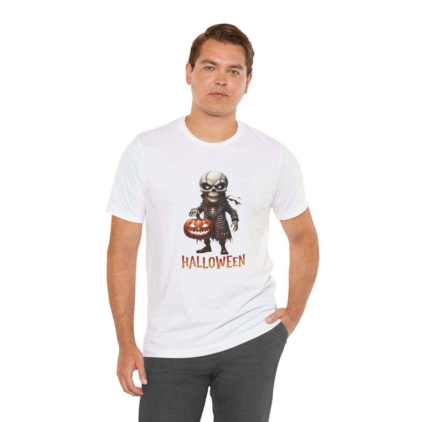 Halloween Skeleton Shirt – Spooky Pumpkin Graphic Tee – Bella Canvas 3001 – Unisex Gothic Horror Costume T-Shirt