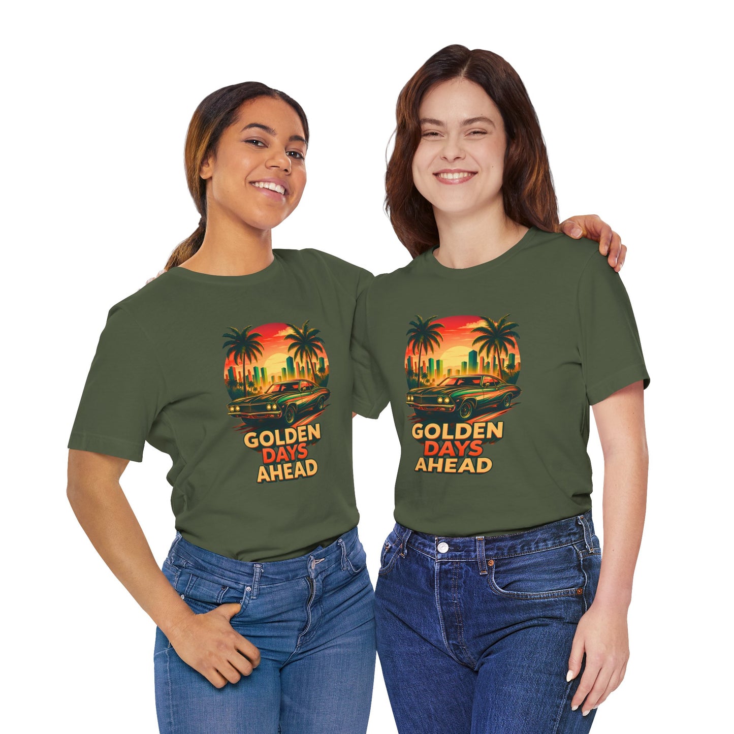 Retro Sunset Muscle Car T-Shirt, Vintage Skyline Graphic Tee, Unisex Jersey Tee, Golden Days Ahead Shirt, Bella Canvas 3001
