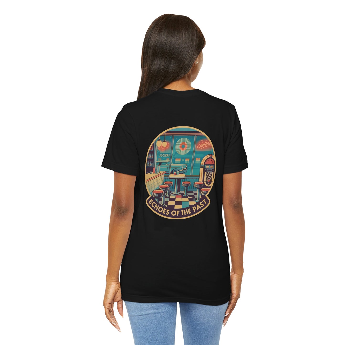 Echoes of the Past Retro Diner T-Shirt – Bella Canvas 3001 Unisex Vintage 80s Jukebox Neon Graphic Tee