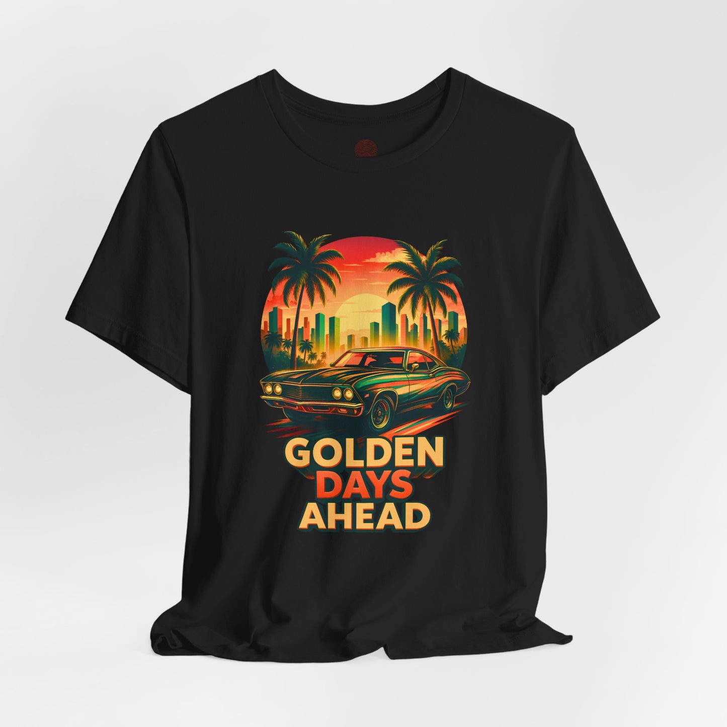 Retro Sunset Muscle Car T-Shirt, Vintage Skyline Graphic Tee, Unisex Jersey Tee, Golden Days Ahead Shirt, Bella Canvas 3001