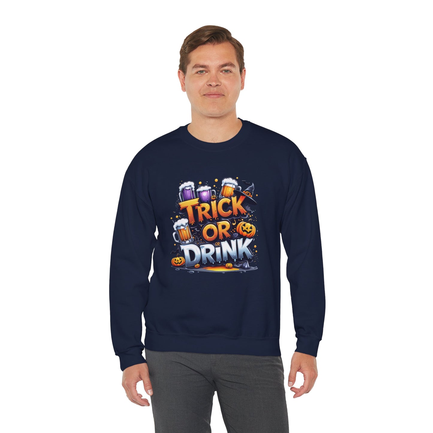 "Trick or Drink Halloween Sweatshirt – Unisex Cozy Crewneck, Spooky Season Fall Outfit, Funny Party Gift"