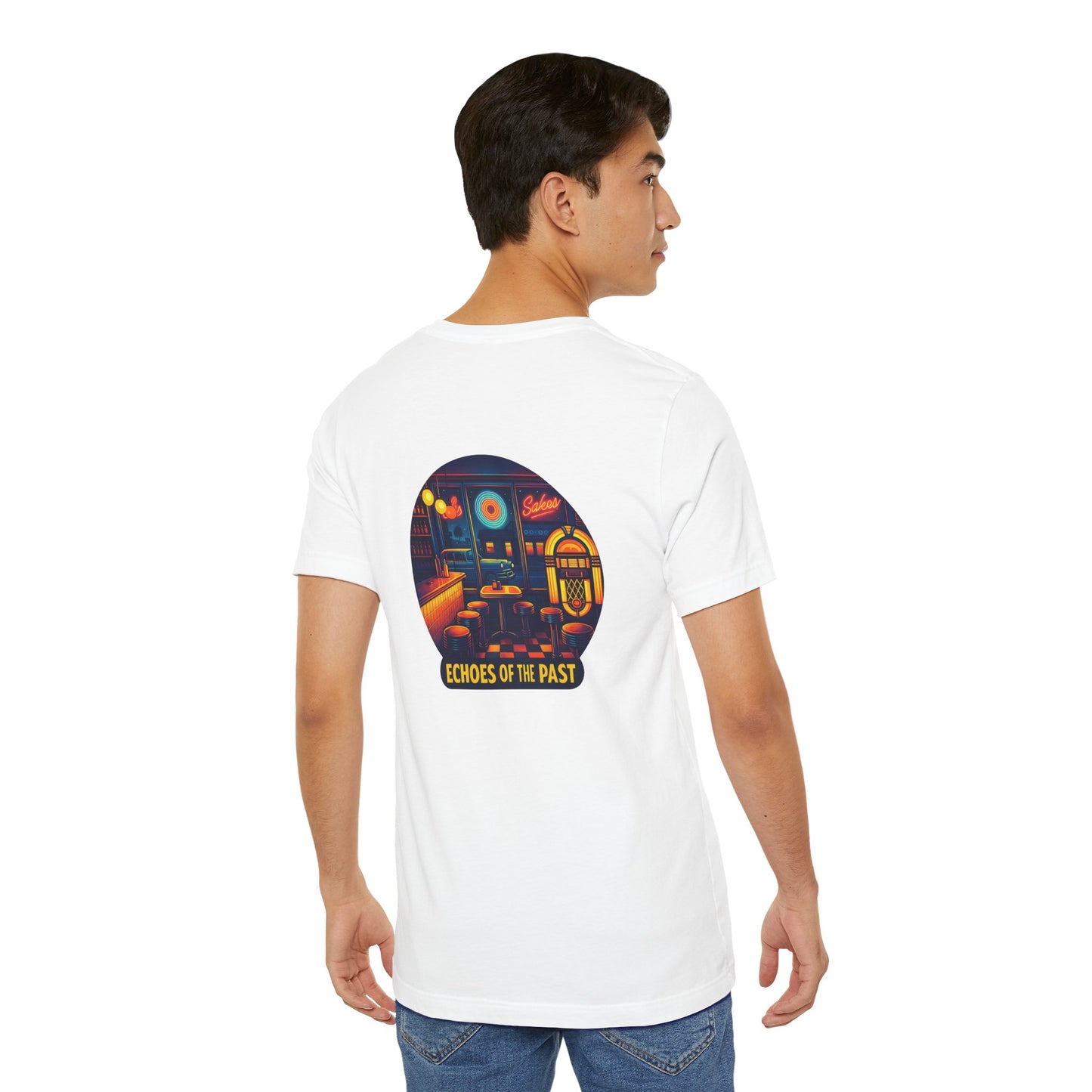 Echoes of the Past Retro Diner T-Shirt – Bella Canvas 3001 Unisex Vintage 80s Jukebox Neon Graphic Tee
