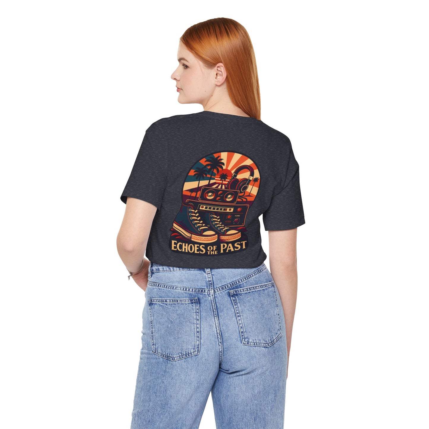 Echoes of the Past Retro Sunset T-Shirt – Bella Canvas 3001 Unisex Vintage 80s Palm Tree Music Graphic Tee