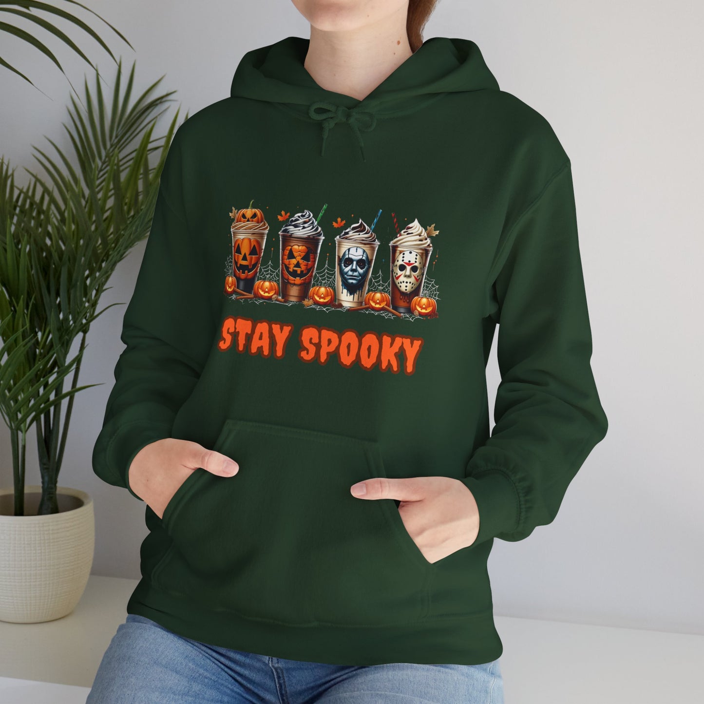 Stay Spooky Halloween Horror Hoodie – Pumpkin Skull Coffee Cup Graphic – Michael Myers Jason Inspired – Gildan 18500 Unisex Pullover