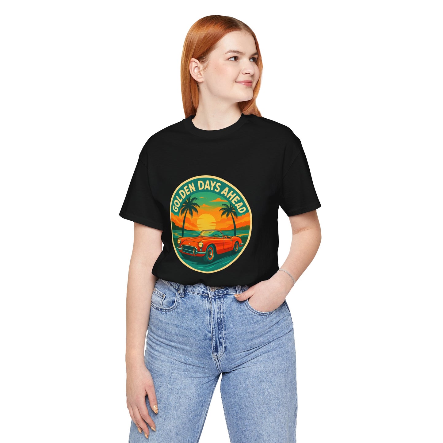 Golden Days Ahead Retro Convertible T-Shirt, Vintage Classic Car Graphic Tee, Sunset Beach Palm Trees - Unisex Jersey Short Sleeve Tee,