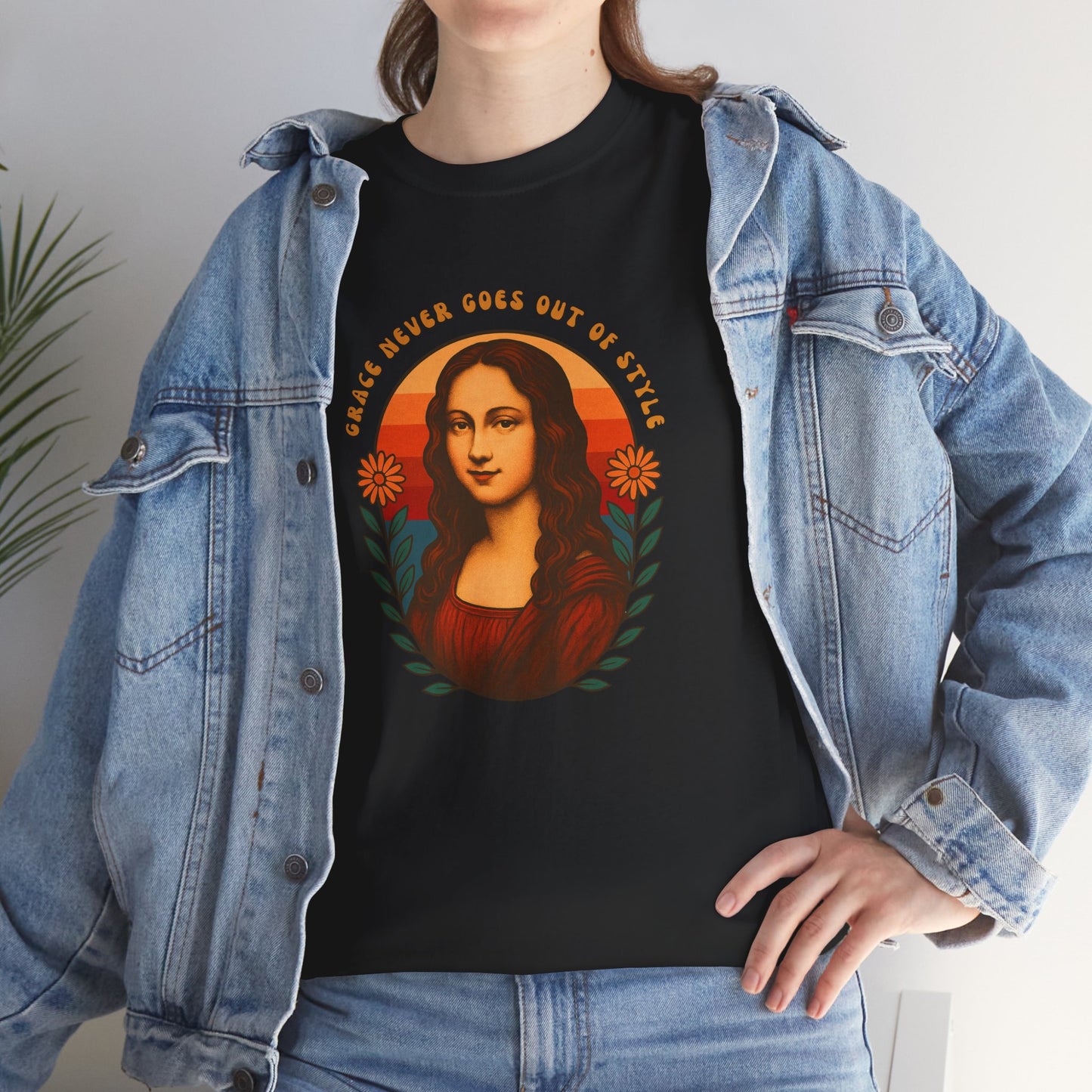 Retro Mona Lisa Unisex Heavy Cotton Tee - Vintage Aesthetic Graphic Shirt, 70s Art Tee, Trendy Gildan 5000 Top, Grace Never Goes Out of