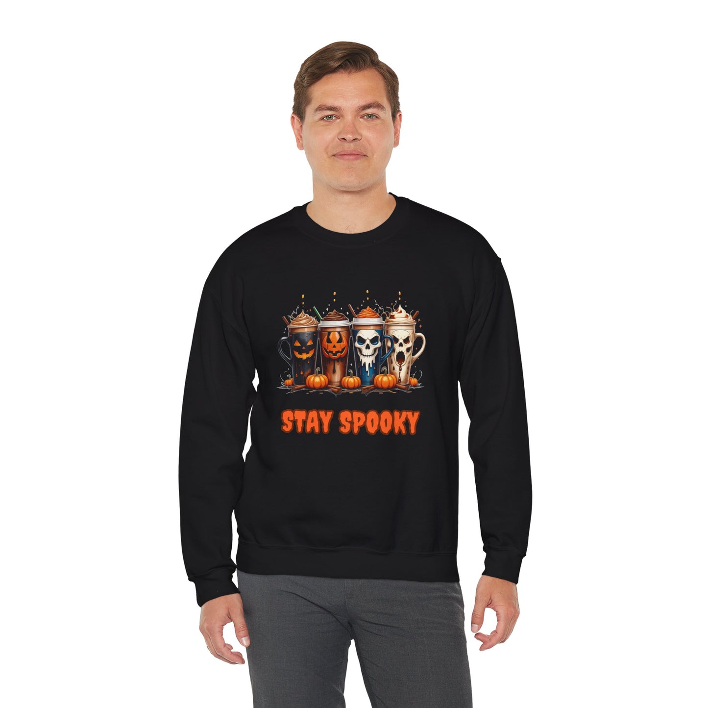 Stay Spooky Halloween Coffee Cups Sweatshirt โ Unisex Gildan Heavy Blend Crewneck Pullover