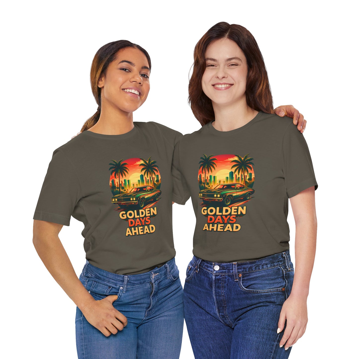 Retro Sunset Muscle Car T-Shirt, Vintage Skyline Graphic Tee, Unisex Jersey Tee, Golden Days Ahead Shirt, Bella Canvas 3001