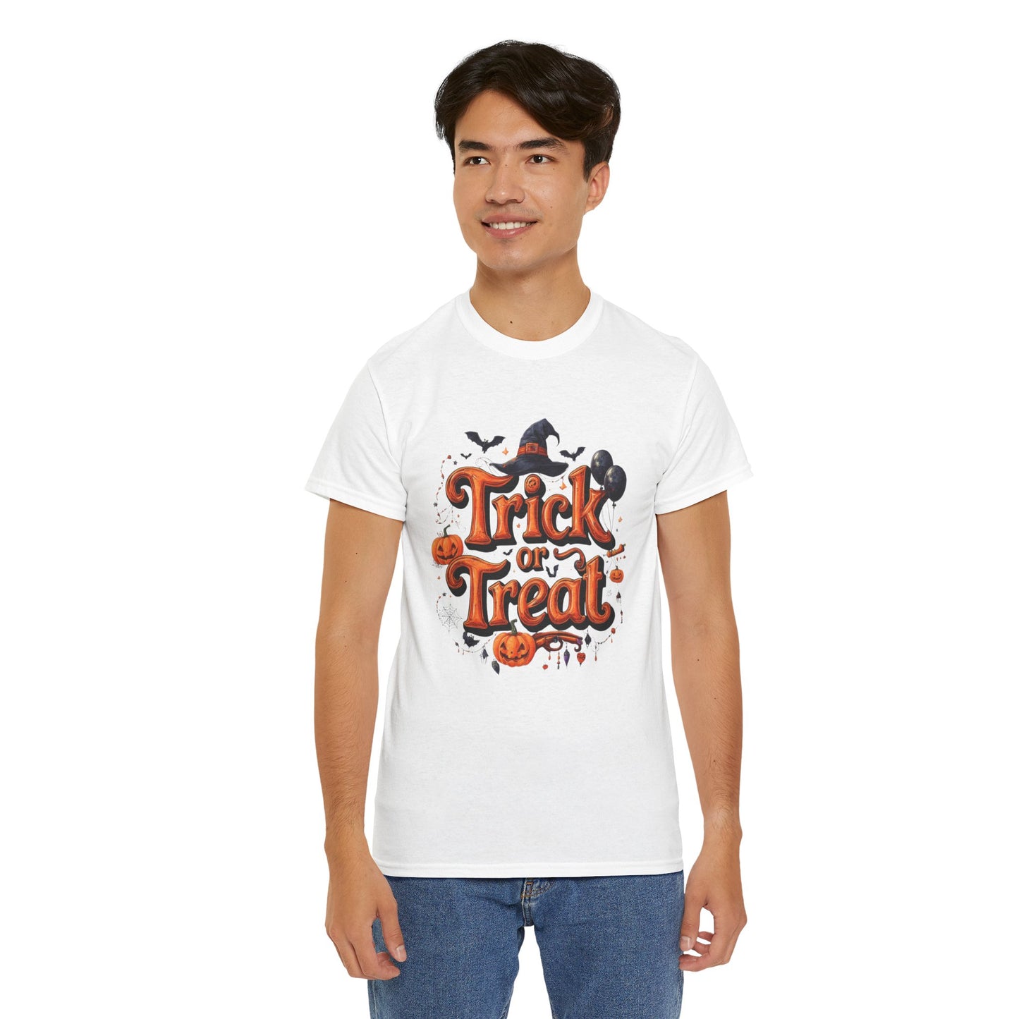 Trick or Treat Halloween Shirt | Spooky Pumpkin Witch Hat Graphic Tee | Funny Unisex Costume T-Shirt | Cute Halloween Party Top
