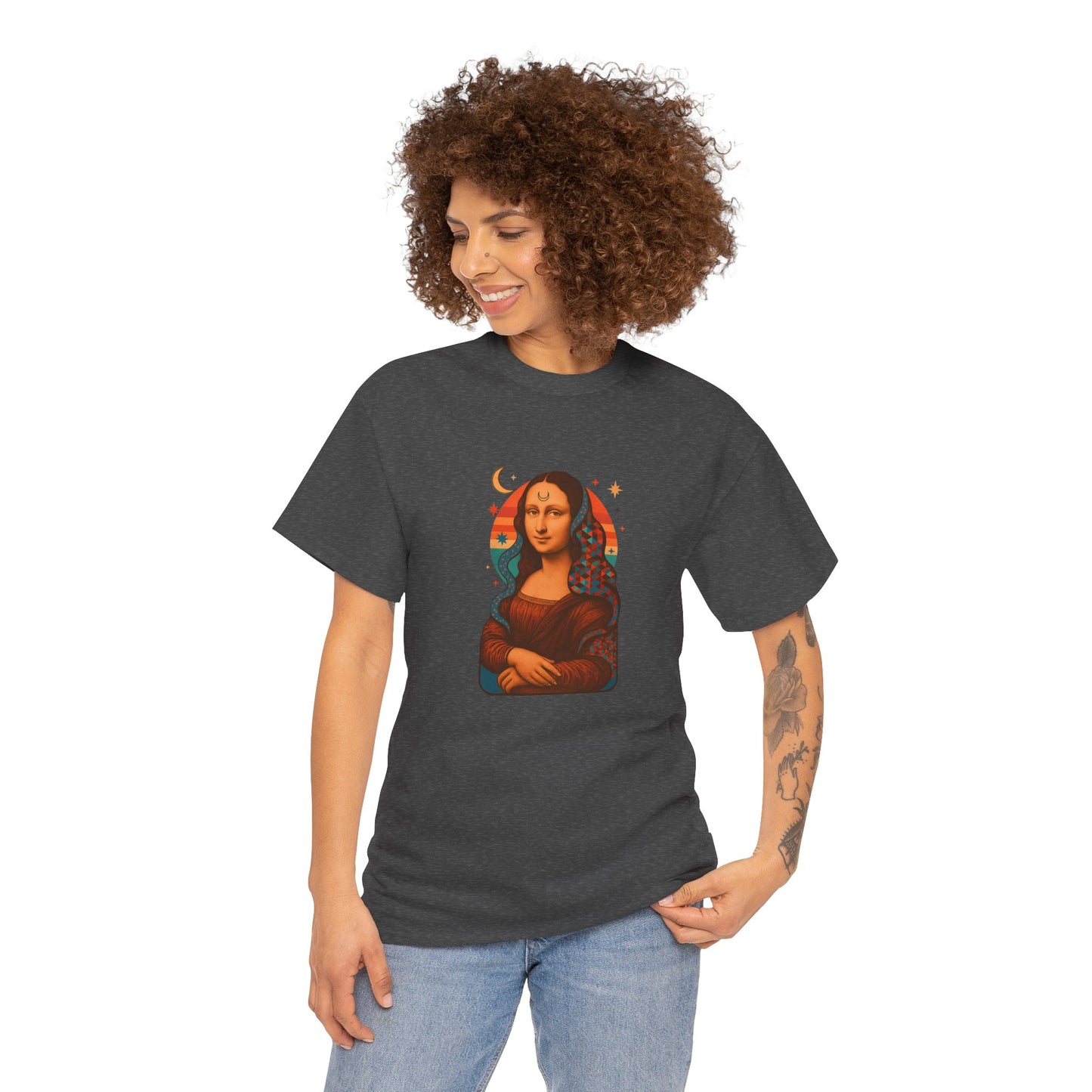 Psychedelic Mona Lisa Gildan 5000 Shirt - Trippy Retro Art Graphic Tee, Colorful Geometric Celestial Design, Vintage Aesthetic T-Shirt