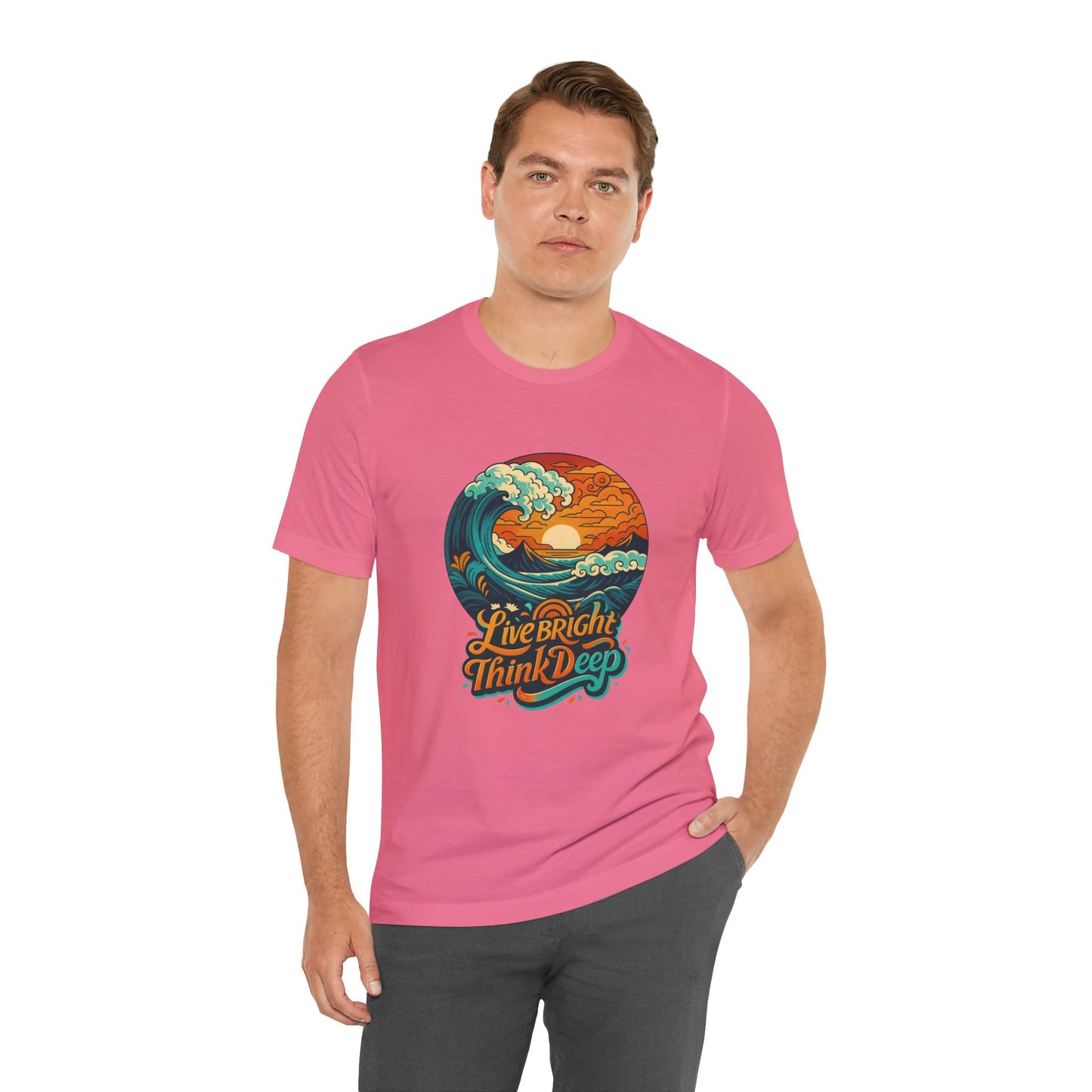 Retro Ocean Wave Sunset T-Shirt, Inspirational Typography Tee, Unisex Graphic Top, Gift for Men & Women, Live Bright Think Deep Shirt