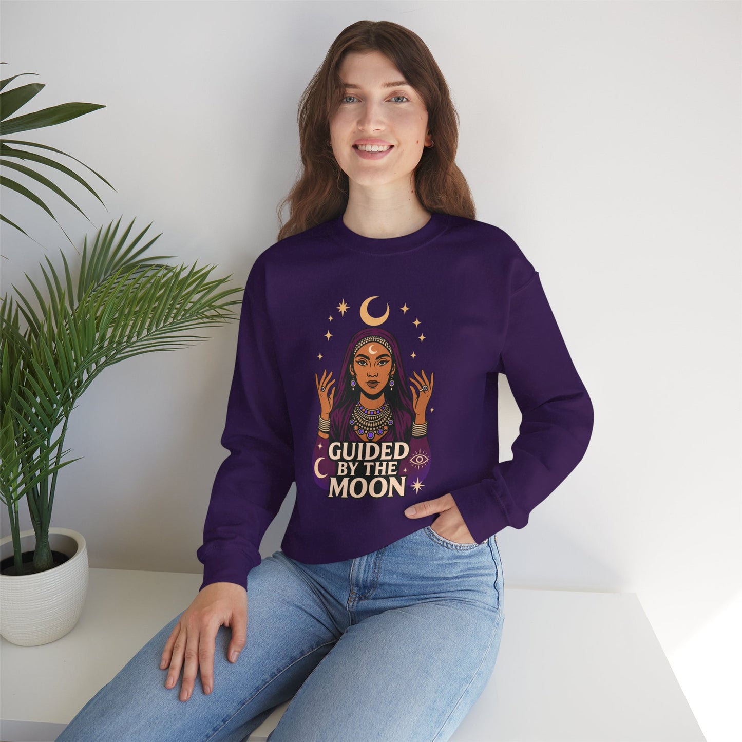 Guided by the Moon Sweatshirt, Mystical Celestial Graphic Pullover, Astrology Spiritual Unisex Crewneck, Moon Phase Cozy Gift, Celestial