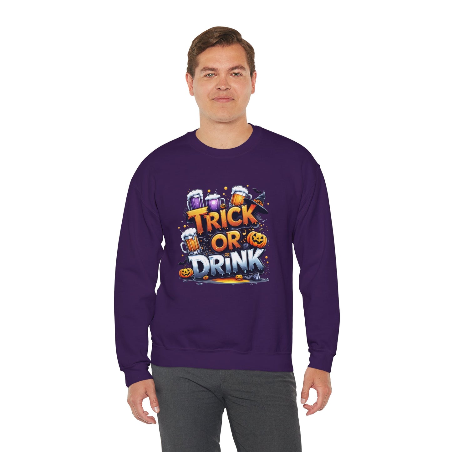 "Trick or Drink Halloween Sweatshirt – Unisex Cozy Crewneck, Spooky Season Fall Outfit, Funny Party Gift"