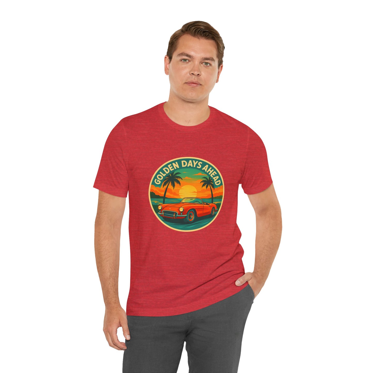 Golden Days Ahead Retro Convertible T-Shirt, Vintage Classic Car Graphic Tee, Sunset Beach Palm Trees - Unisex Jersey Short Sleeve Tee,