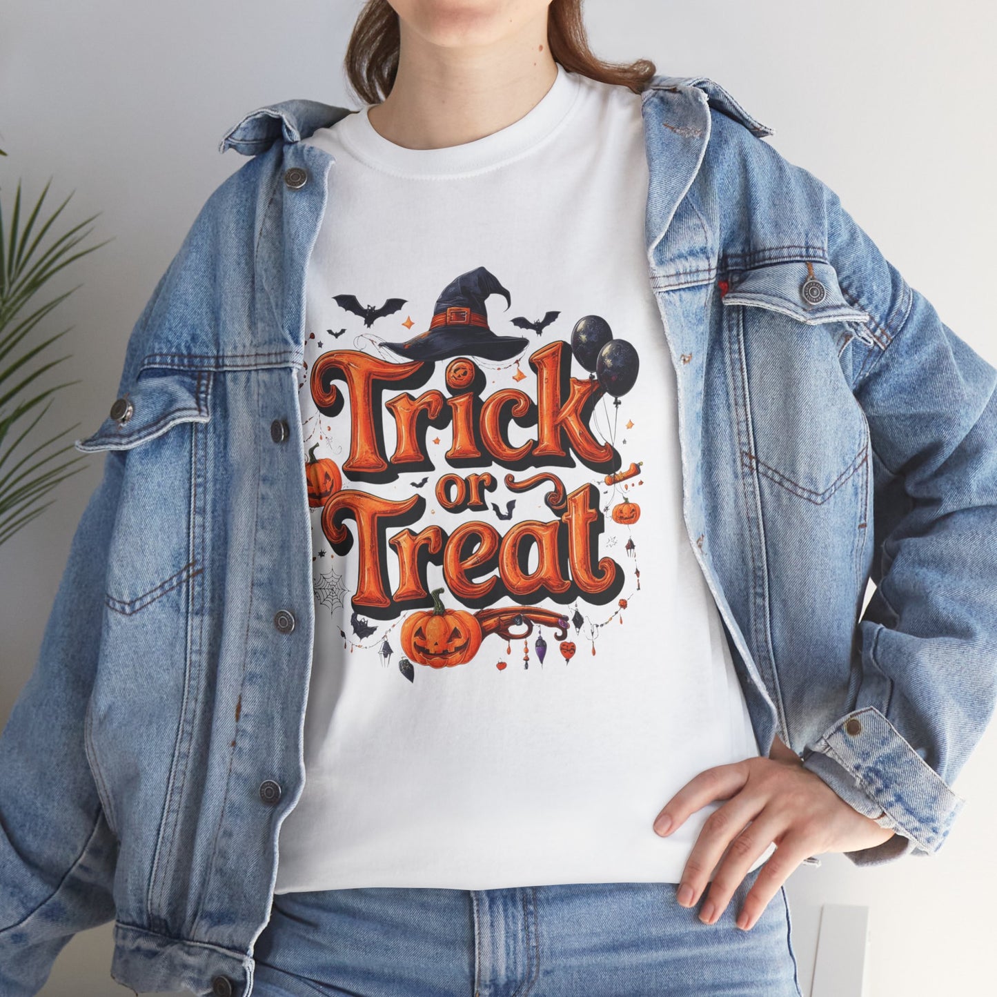 Trick or Treat Halloween Shirt | Spooky Pumpkin Witch Hat Graphic Tee | Funny Unisex Costume T-Shirt | Cute Halloween Party Top