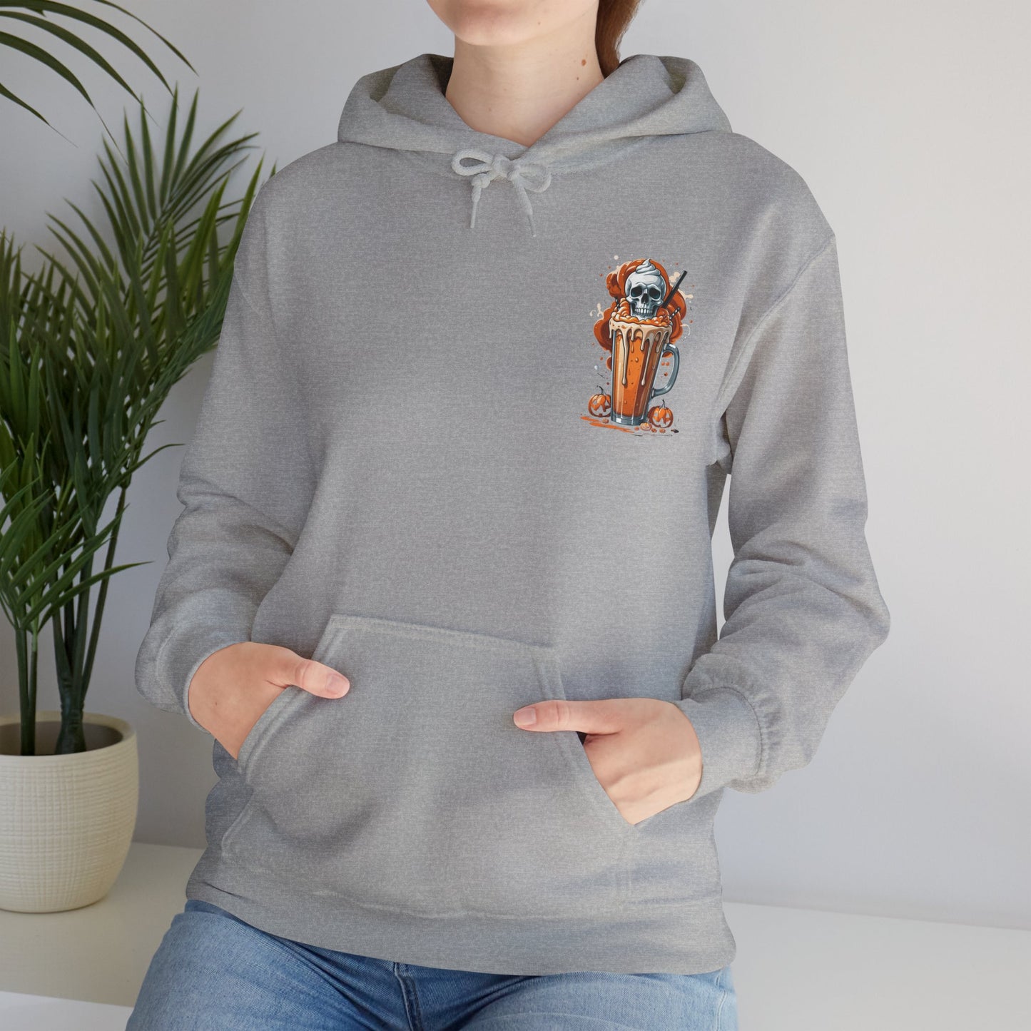 Halloween Skull Pumpkin Latte Hoodie – Spooky Fall Coffee Graphic Sweatshirt – Gildan 18500 Unisex Cozy Autumn Hoodie