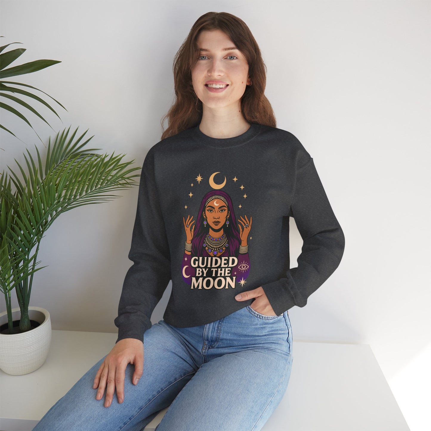 Guided by the Moon Sweatshirt, Mystical Celestial Graphic Pullover, Astrology Spiritual Unisex Crewneck, Moon Phase Cozy Gift, Celestial