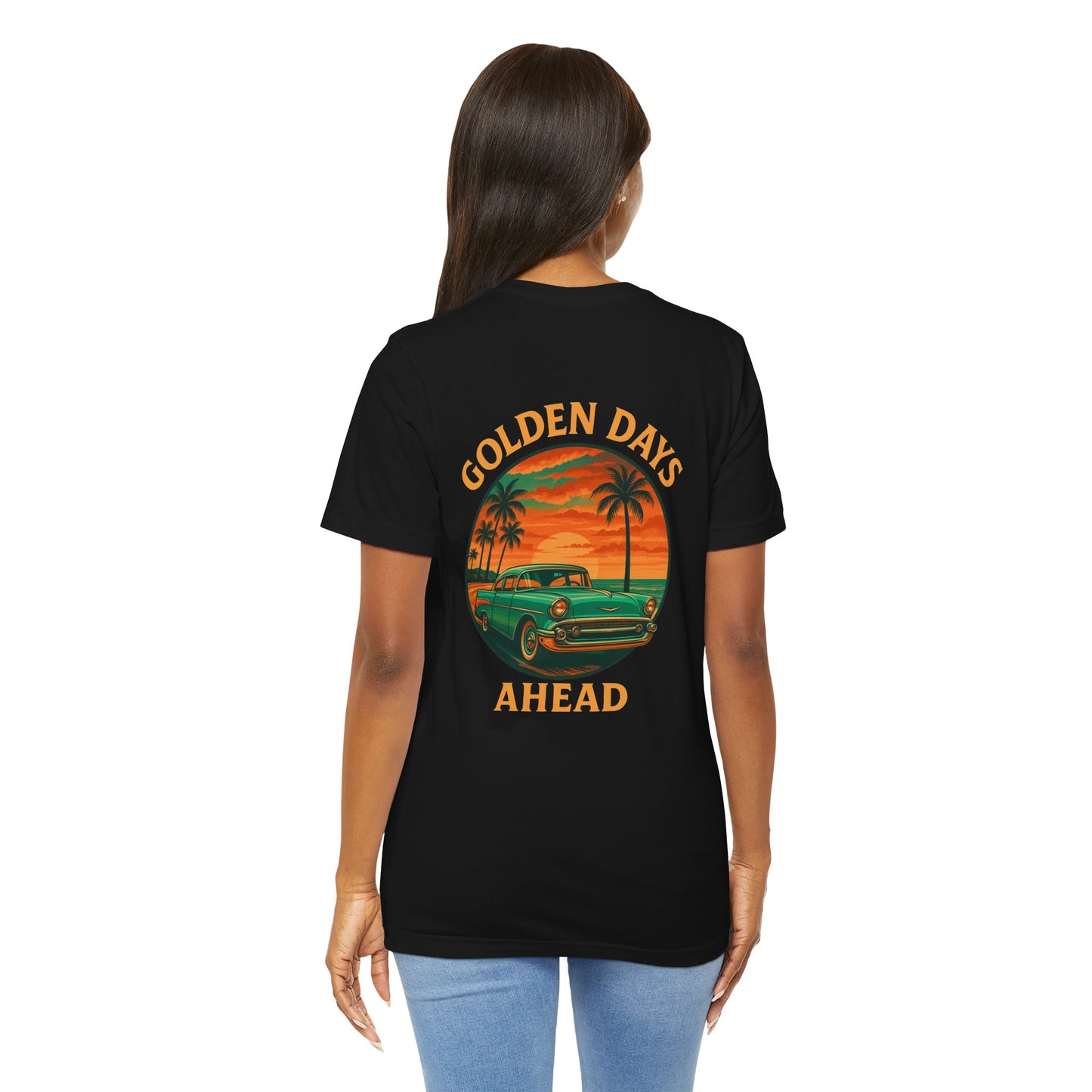 Golden Days Ahead Retro Car T-Shirt, Vintage Classic 50s Tee, Coastal Sunset Palm Trees, Unisex Jersey Shirt, Bella Canvas 3001, Men Women,