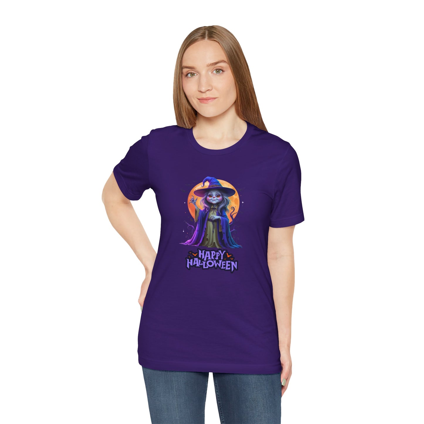 Happy Halloween Witch Shirt – Spooky Full Moon Graphic Tee – Bella Canvas 3001 – Unisex Halloween T-Shirt for Women Men