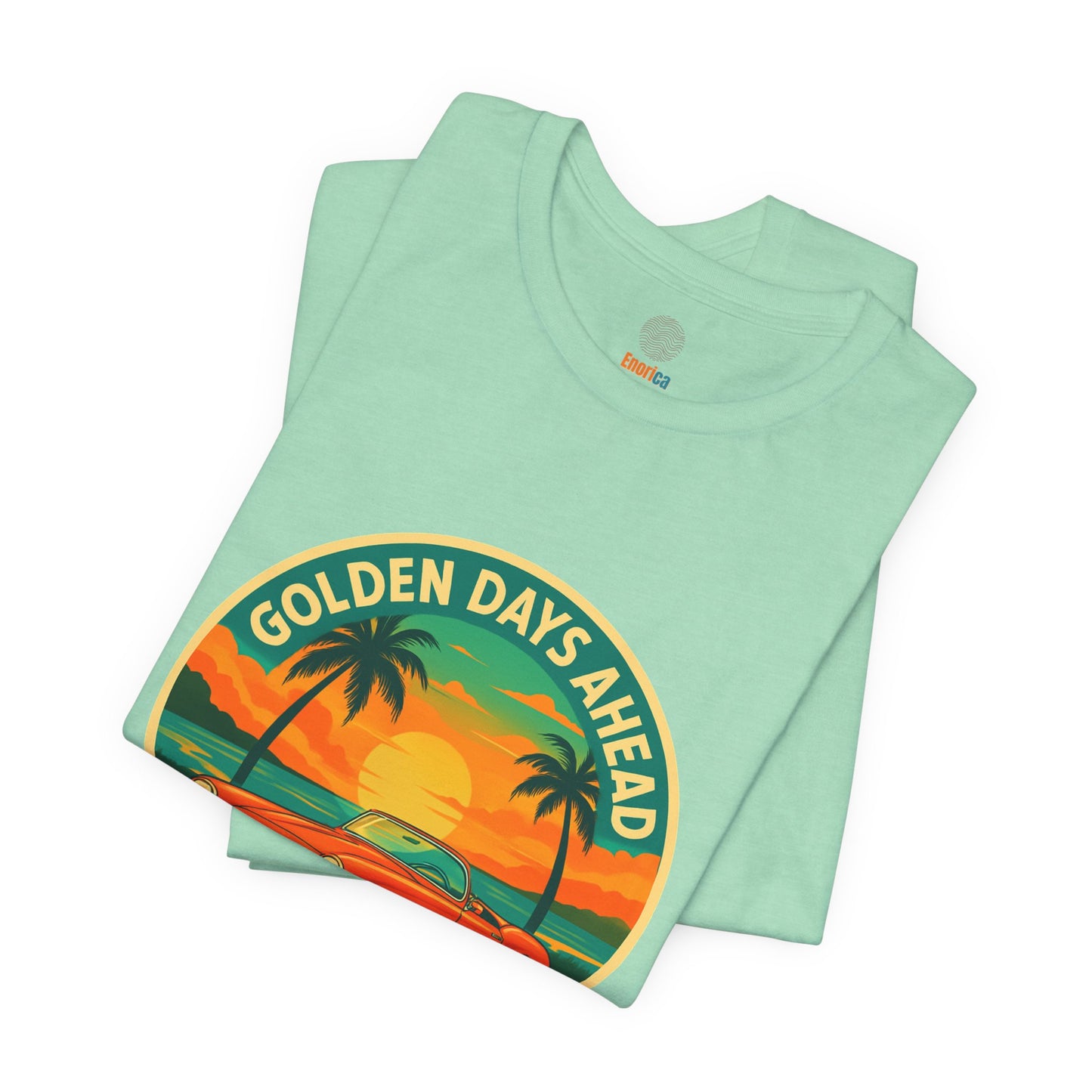 Golden Days Ahead Retro Convertible T-Shirt, Vintage Classic Car Graphic Tee, Sunset Beach Palm Trees - Unisex Jersey Short Sleeve Tee,