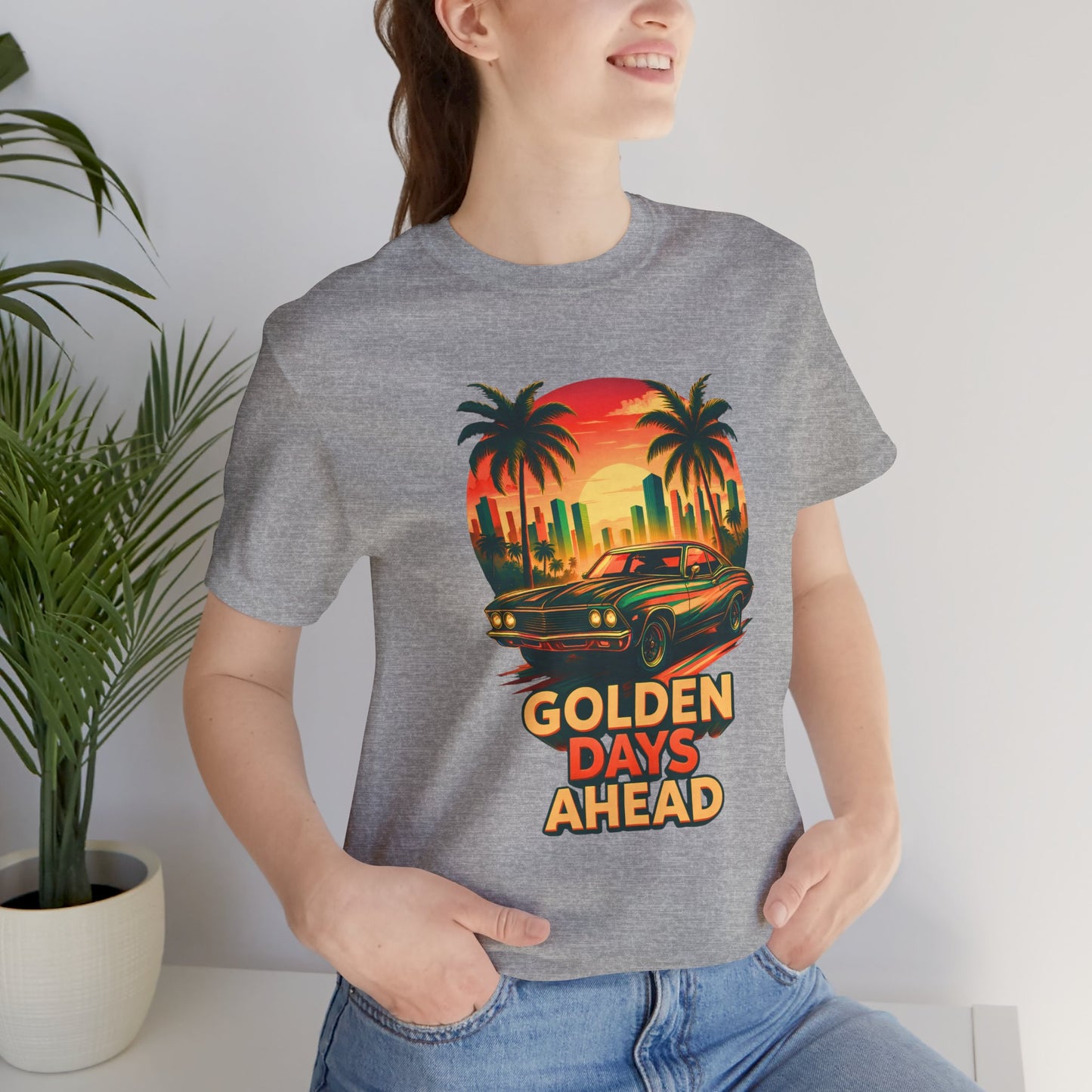 Retro Sunset Muscle Car T-Shirt, Vintage Skyline Graphic Tee, Unisex Jersey Tee, Golden Days Ahead Shirt, Bella Canvas 3001
