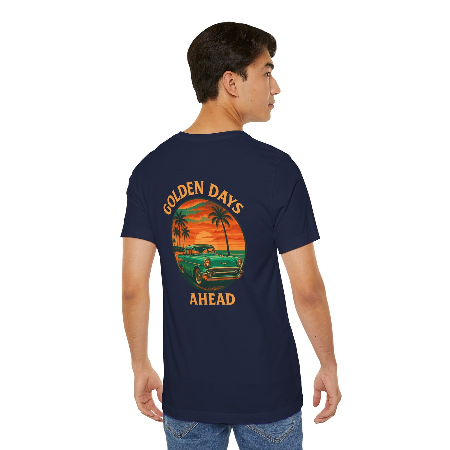 Golden Days Ahead Retro Car T-Shirt, Vintage Classic 50s Tee, Coastal Sunset Palm Trees, Unisex Jersey Shirt, Bella Canvas 3001, Men Women,
