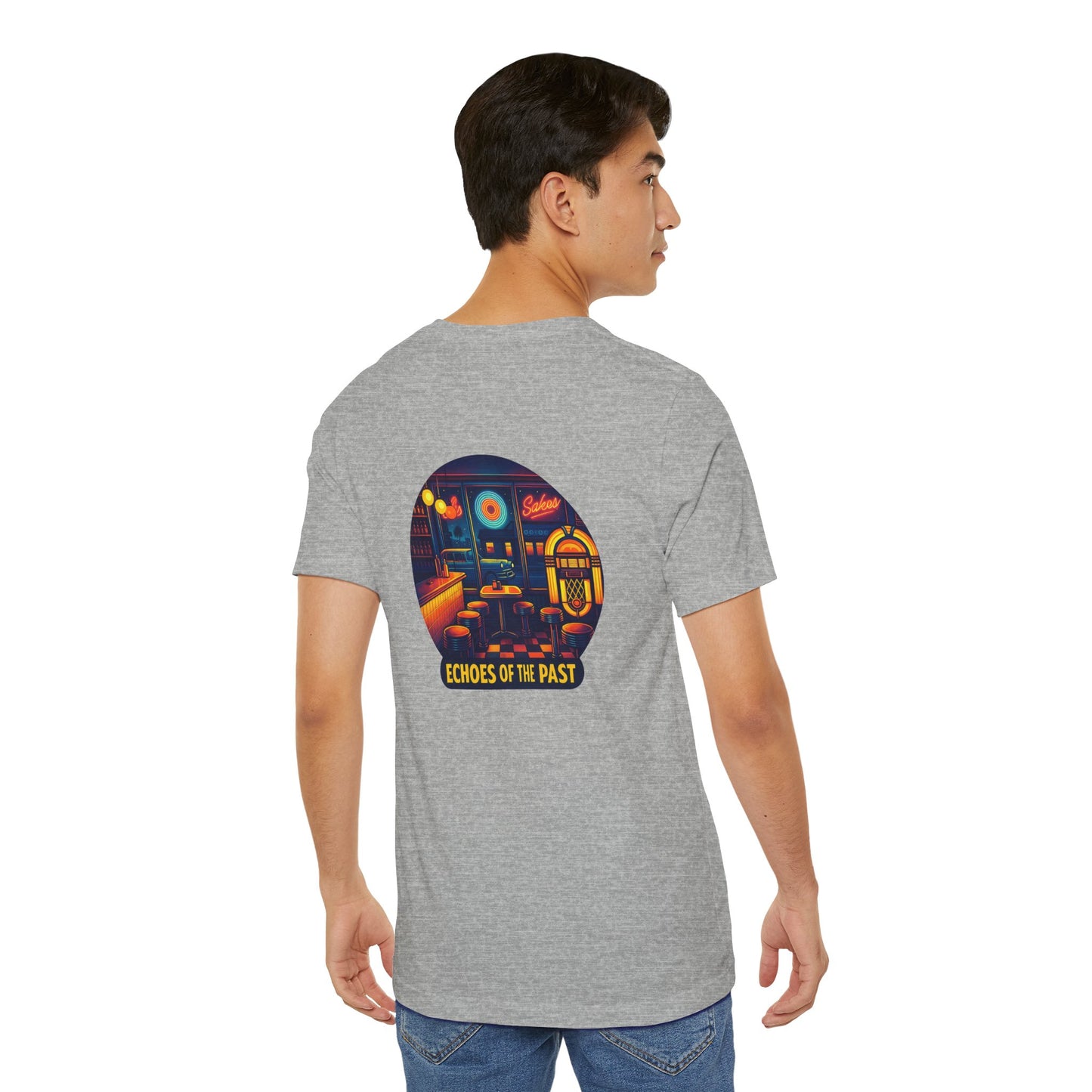 Echoes of the Past Retro Diner T-Shirt – Bella Canvas 3001 Unisex Vintage 80s Jukebox Neon Graphic Tee
