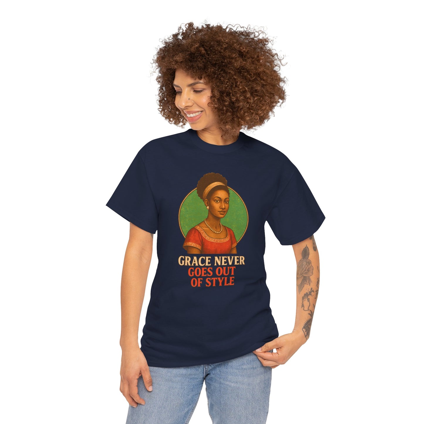 Grace Never Goes Out of Style Gildan 5000 Shirt - Retro Vintage Afro Woman Graphic Tee, 70s Aesthetic Inspirational Quote T-Shirt