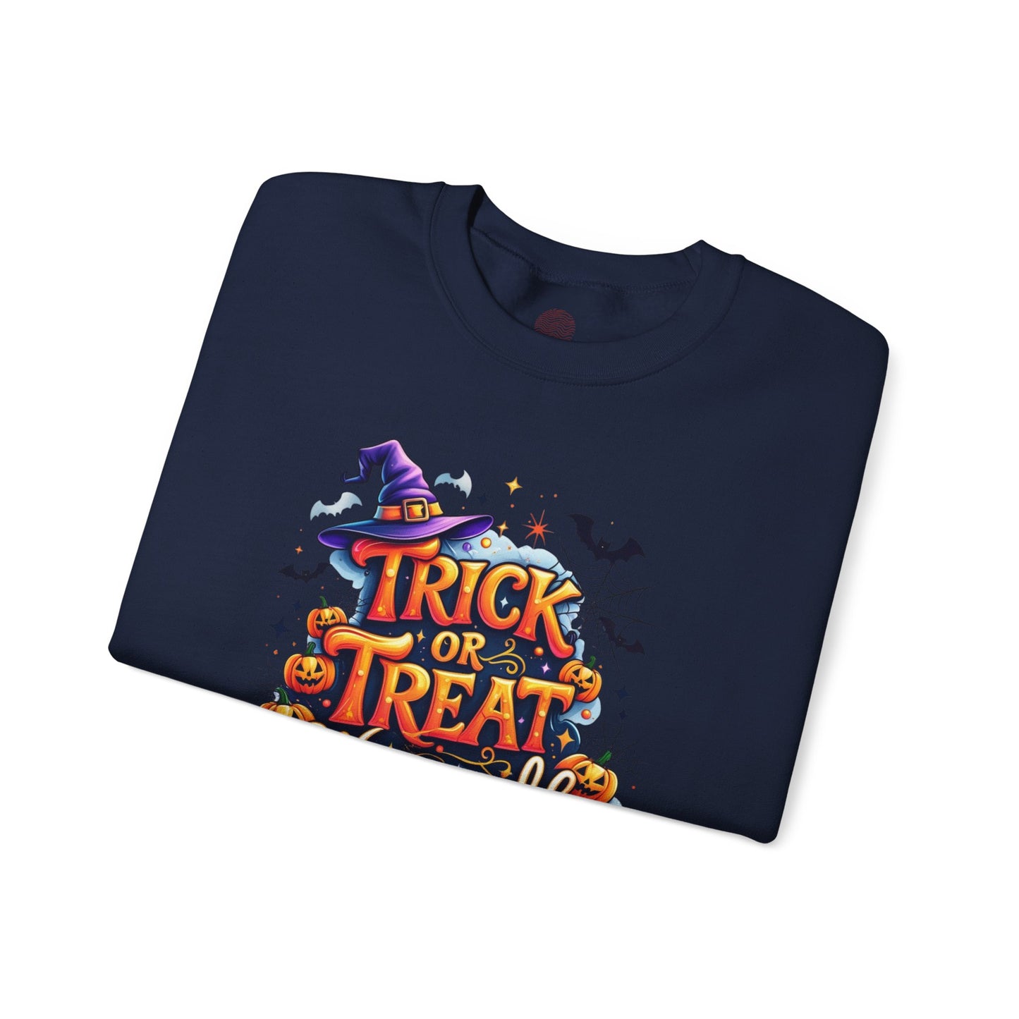 ''Trick or Treat Yourself'' Halloween Sweatshirt – Unisex Cozy Crewneck, Spooky Pumpkin & Witch Hat Graphic, Fall Aesthetic Pullover