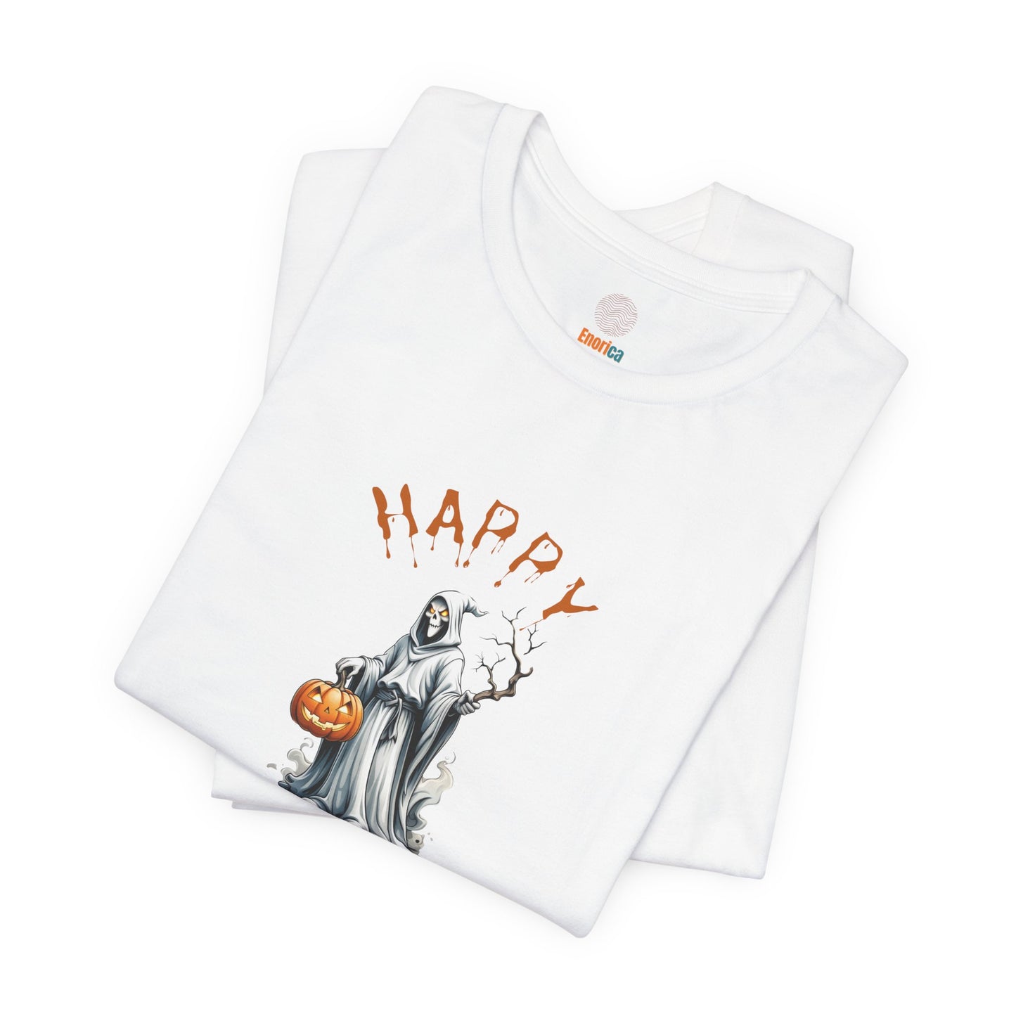 Happy Halloween Ghost Shirt – Spooky Pumpkin Graphic Tee – Bella Canvas 3001 – Unisex Cute Halloween T-Shirt for Women Men