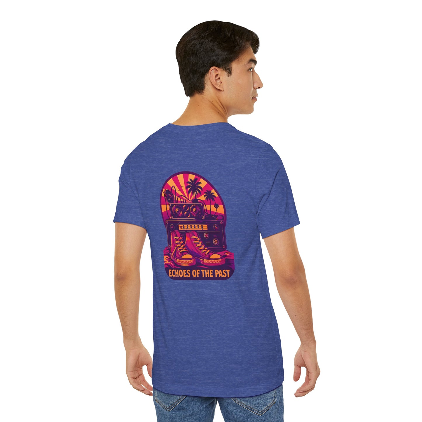 Echoes of the Past Retro Sunset T-Shirt – Bella Canvas 3001 Unisex 80s Vaporwave Graphic Tee, Vintage Music Lover Shirt
