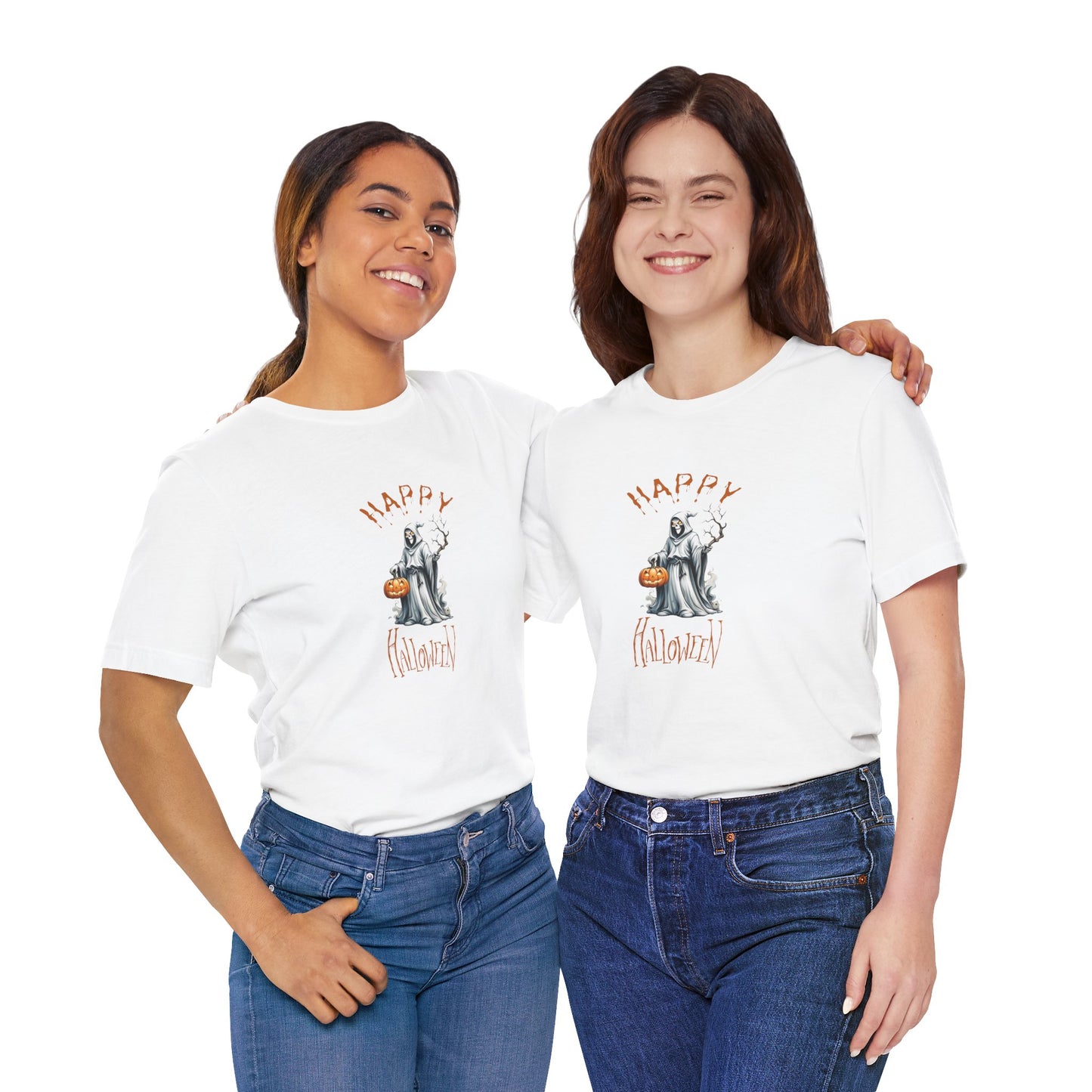 Happy Halloween Ghost Shirt – Spooky Pumpkin Graphic Tee – Bella Canvas 3001 – Unisex Cute Halloween T-Shirt for Women Men