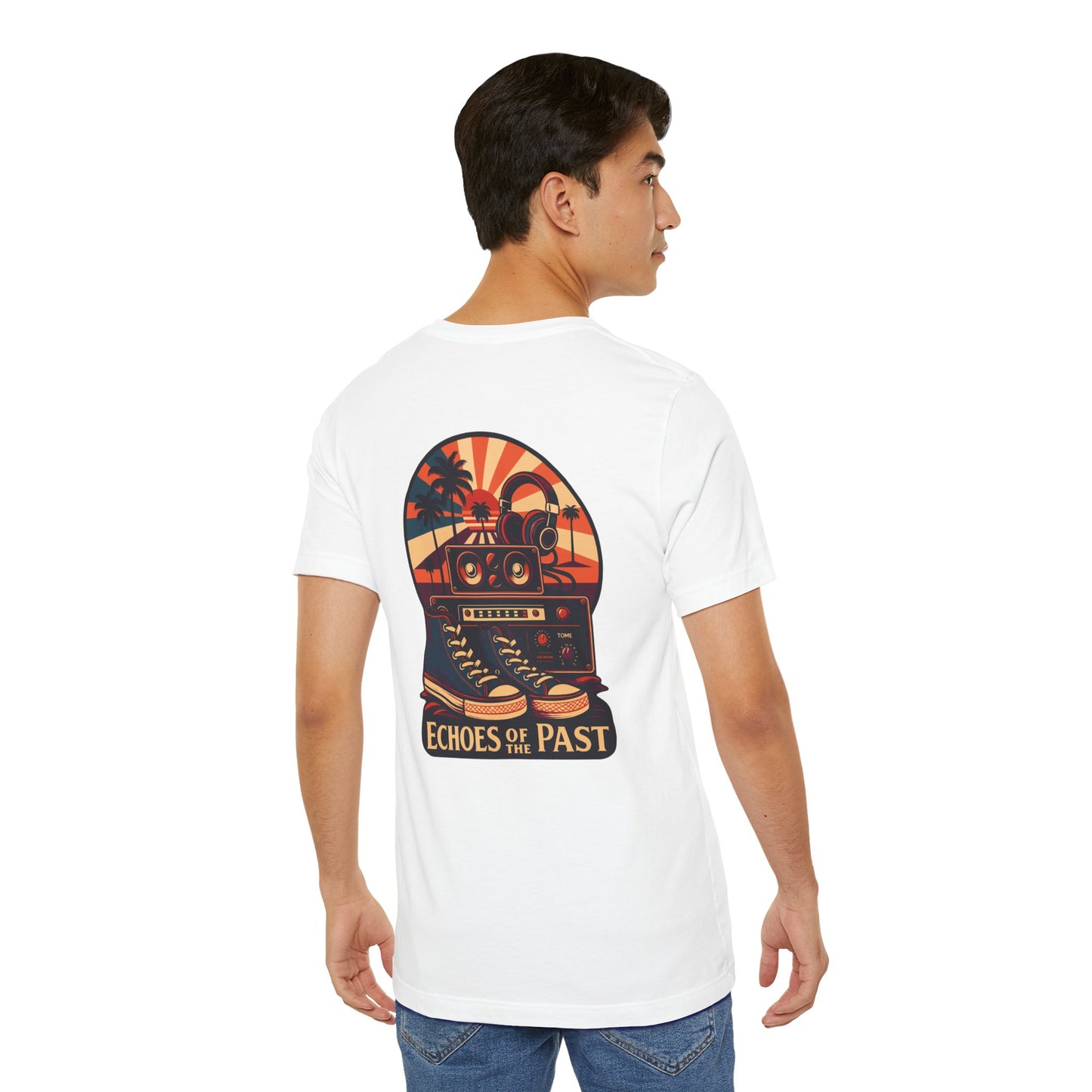 Echoes of the Past Retro Sunset T-Shirt – Bella Canvas 3001 Unisex Vintage 80s Palm Tree Music Graphic Tee