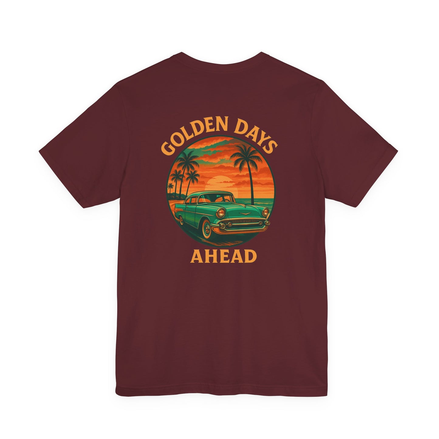 Golden Days Ahead Retro Car T-Shirt, Vintage Classic 50s Tee, Coastal Sunset Palm Trees, Unisex Jersey Shirt, Bella Canvas 3001, Men Women,