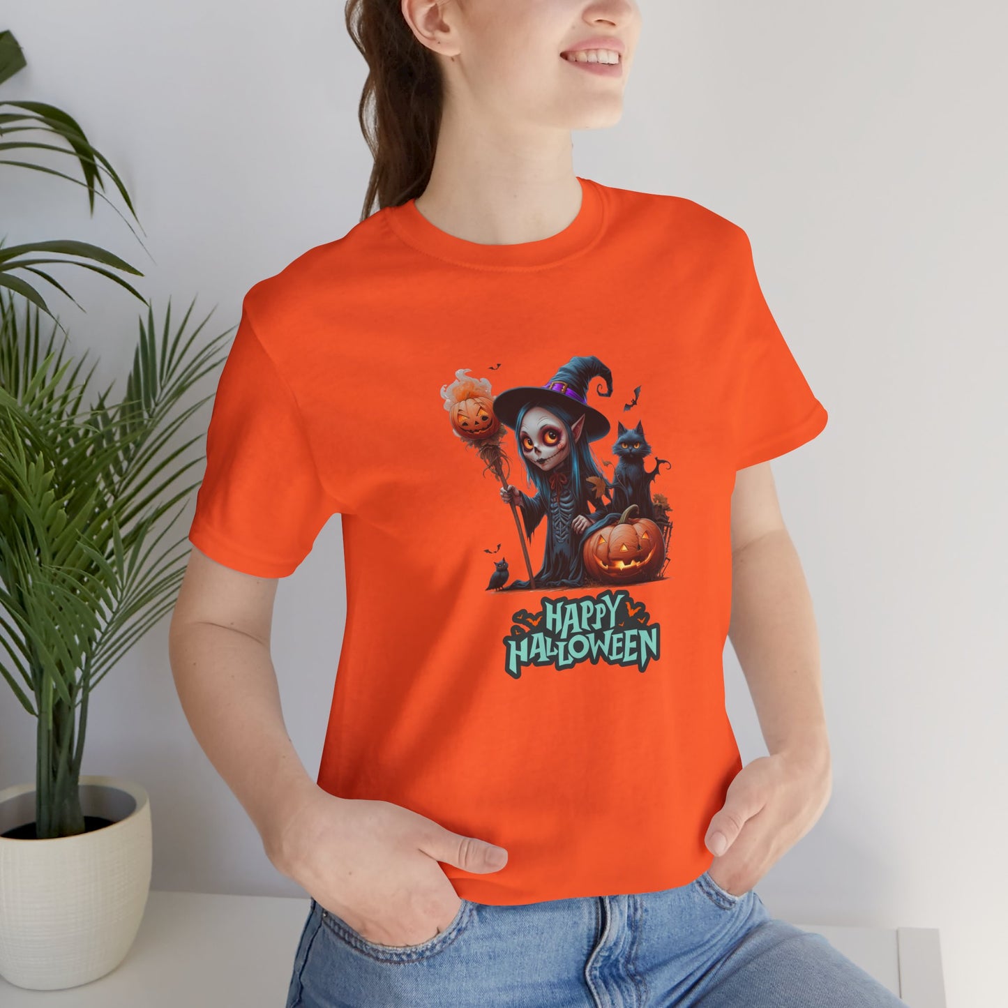 Happy Halloween Witch Shirt – Spooky Pumpkin Cat Graphic Tee – Bella Canvas 3001 – Unisex Halloween T-Shirt for Women Men