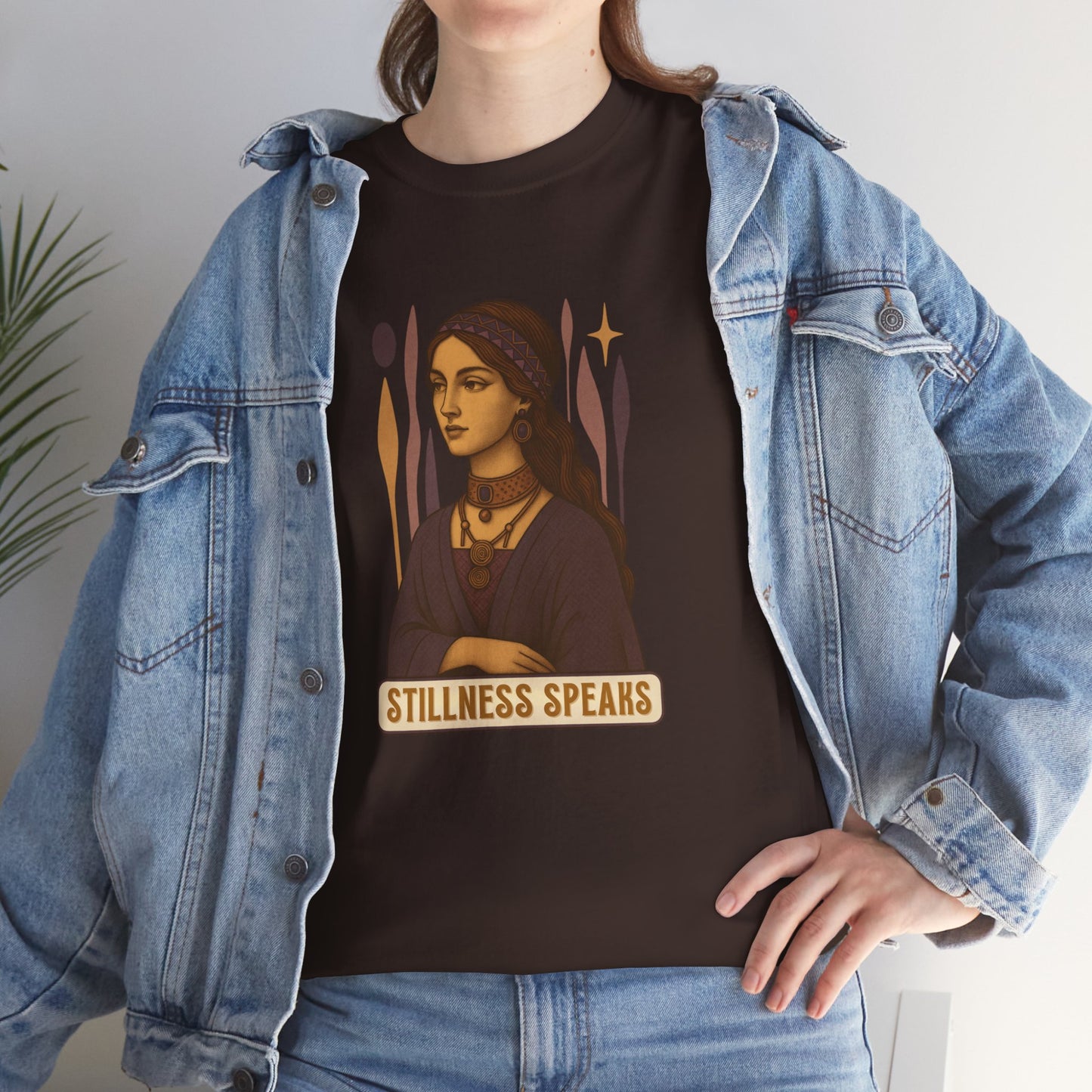 Vintage Mystic Woman Stillness Speaks T-Shirt, Retro Boho Aesthetic Top, Spiritual Graphic Tee, Mindfulness Yoga Gift, Unisex Heavy Cotton