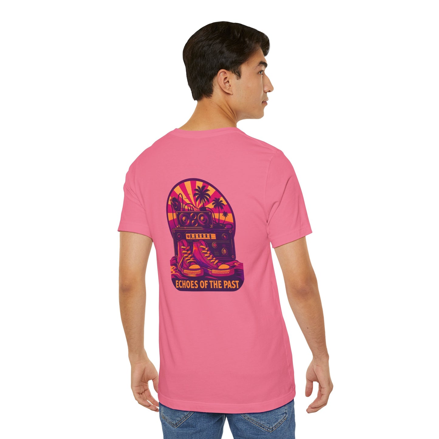 Echoes of the Past Retro Sunset T-Shirt – Bella Canvas 3001 Unisex 80s Vaporwave Graphic Tee, Vintage Music Lover Shirt