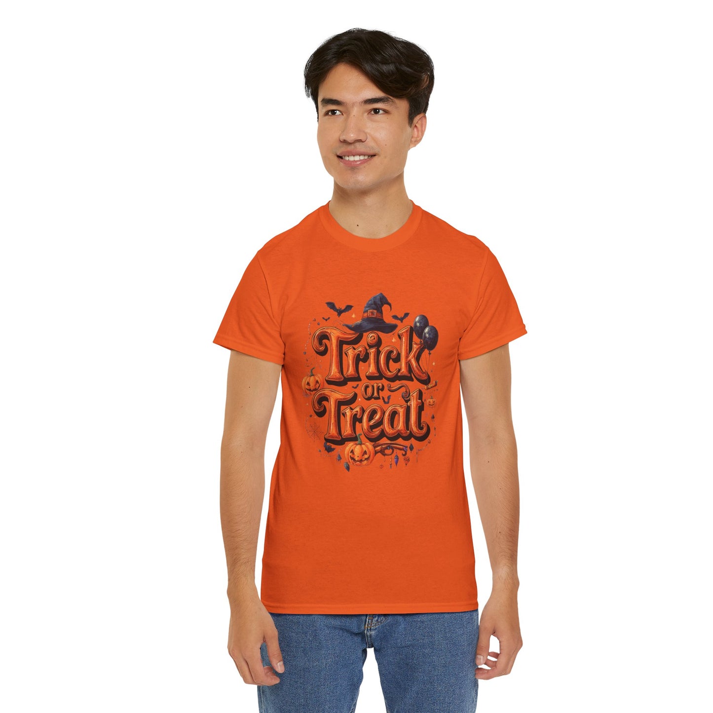 Trick or Treat Halloween Shirt | Spooky Pumpkin Witch Hat Graphic Tee | Funny Unisex Costume T-Shirt | Cute Halloween Party Top
