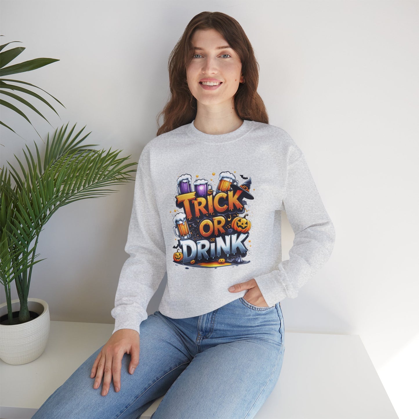 "Trick or Drink Halloween Sweatshirt – Unisex Cozy Crewneck, Spooky Season Fall Outfit, Funny Party Gift"