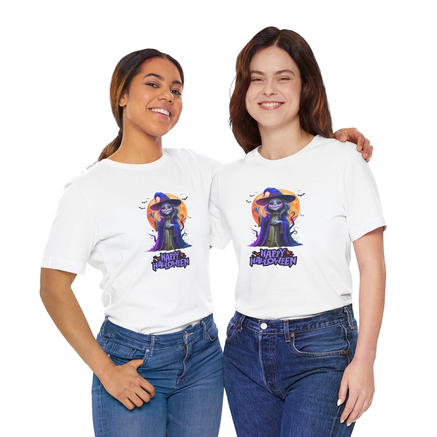 Happy Halloween Witch Shirt – Spooky Full Moon Graphic Tee – Bella Canvas 3001 – Unisex Halloween T-Shirt for Women Men