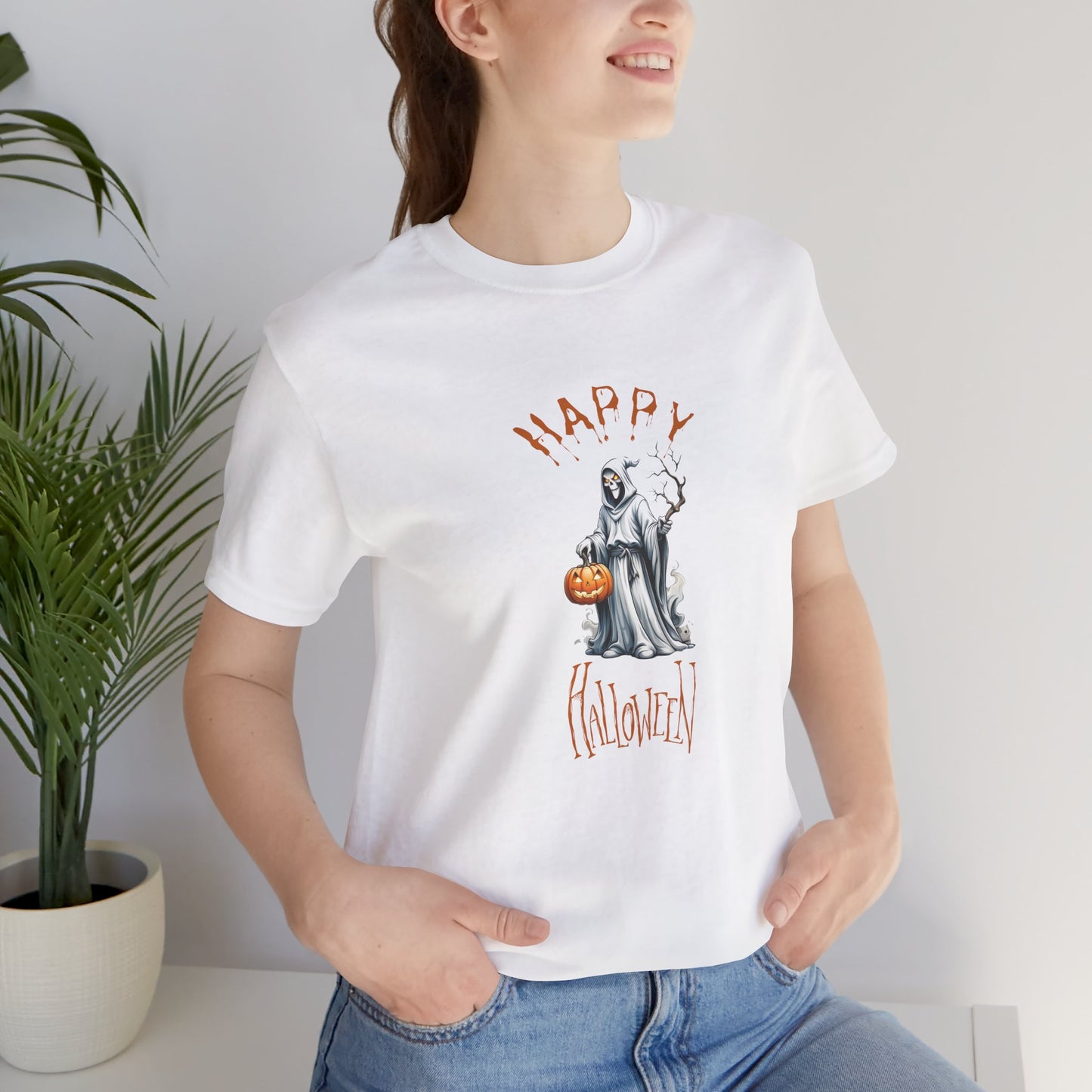 Happy Halloween Ghost Shirt – Spooky Pumpkin Graphic Tee – Bella Canvas 3001 – Unisex Cute Halloween T-Shirt for Women Men
