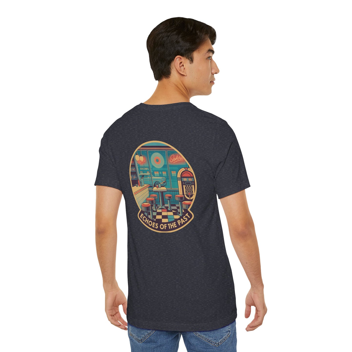 Echoes of the Past Retro Diner T-Shirt – Bella Canvas 3001 Unisex Vintage 80s Jukebox Neon Graphic Tee
